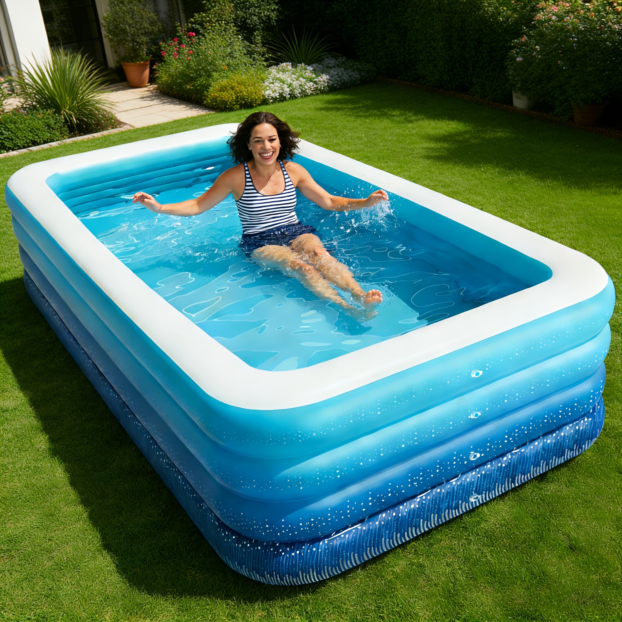 Inflatable Swimming Pool for Adults Thickened 3-4 Layer Foldable Portable Backyard Pool - Above Ground Family Pool for Home Courtyard Outdoor - Navy Blue Sea Blue 70-125 Inch