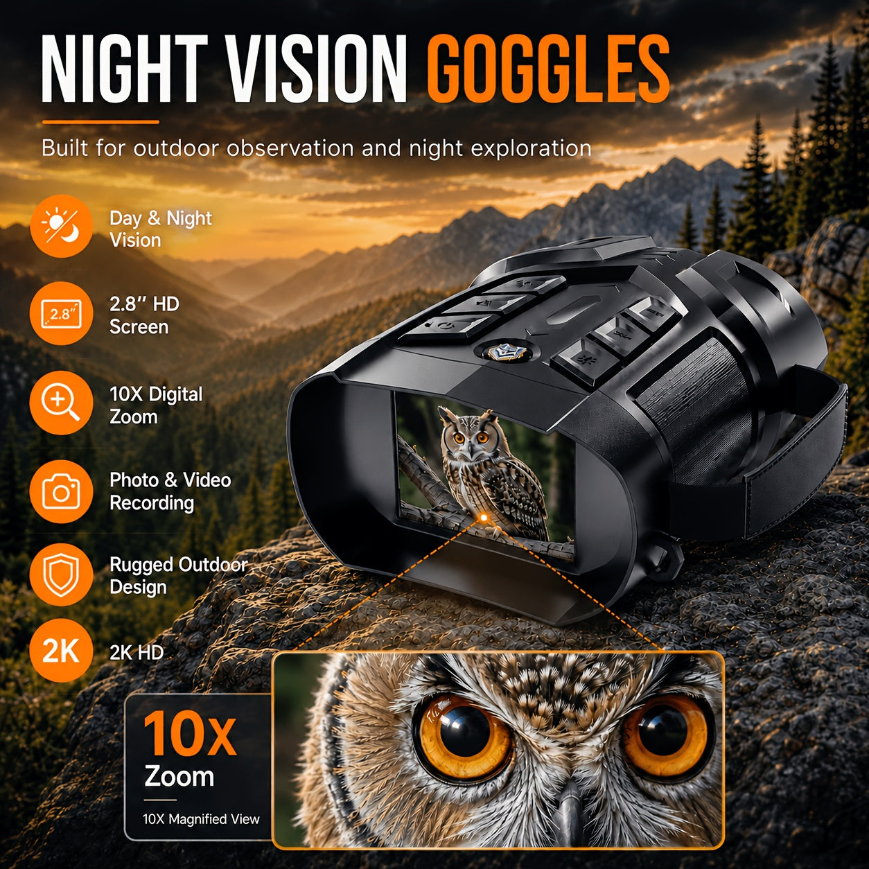 Night Vision Binoculars 2K Ultra HD with 5W IR Illuminator – 10x Zoom 2600ft Range 2.8" IPS Screen Rechargeable Digital Night Vision Goggles for Hunting Camping Security