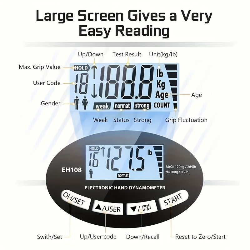 Digital Hand Grip Strength Tester Dynamometer 264lbs – Adjustable LCD Grip Trainer for Sports Fitness Testing, Physical Therapy & Rehabilitation, Home Gym Workout