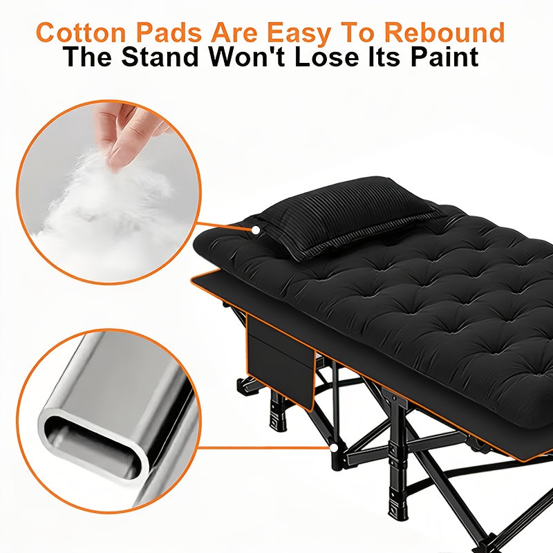 Portable Folding Camping Bed with Side Pockets - 60/75 Inch Heavy-Duty Cot 666/866 lb Capacity - Easy-Store Guest Bed for Camping Patio Office Guest Room - Folding Cot with Optional Mattress