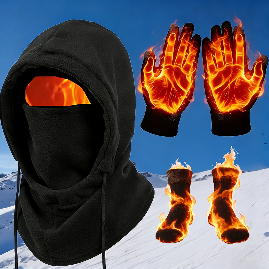 Winter Thermal Set 3 4pcs Face Mask Hat Touchscreen Gloves Fleece Socks Windproof Cold Weather Gear for Men Women – Snowboarding Hiking Ice Fishing Skiing Outdoor Winter Accessories Kit
