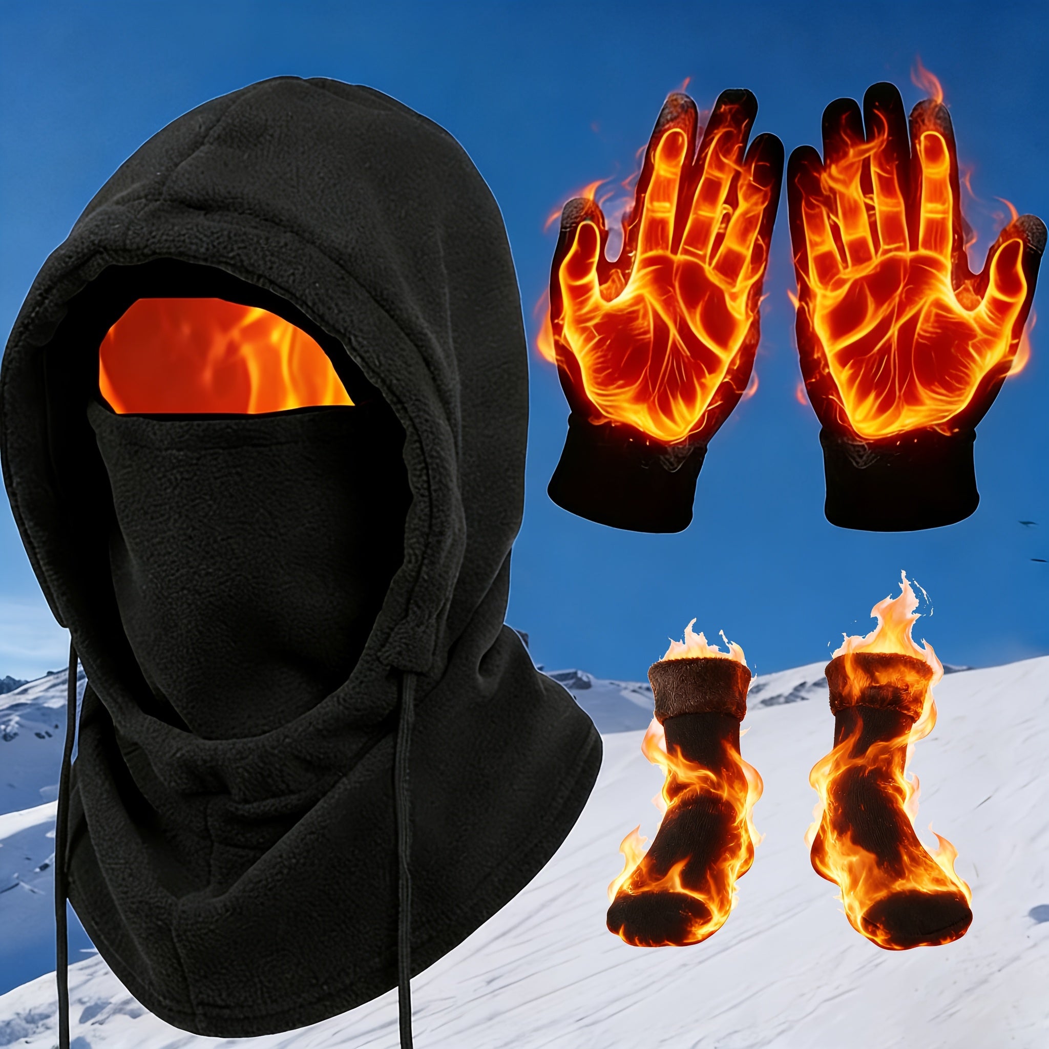 Winter Thermal Set 3 4pcs Face Mask Hat Touchscreen Gloves Fleece Socks Windproof Cold Weather Gear for Men Women – Snowboarding Hiking Ice Fishing Skiing Outdoor Winter Accessories Kit