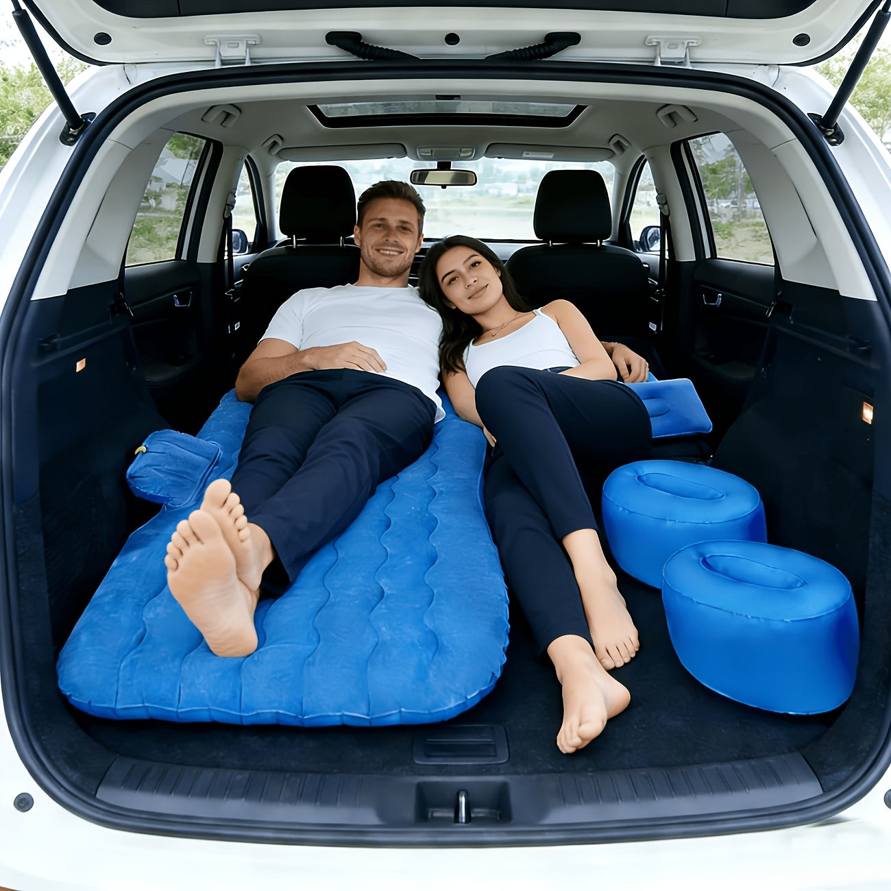 SUV Air Mattress Inflatable Car Bed Portable Camping Travel Flocked Blow Up Mattress for SUV Trunk with Storage Bag Repair Kit Blue Black Beige Gray