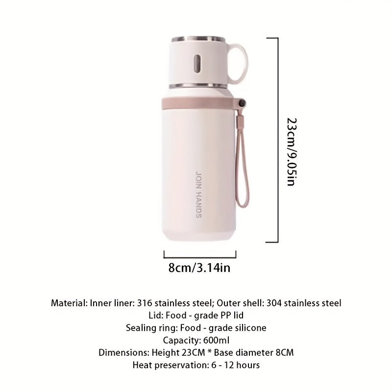 Insulated Water Bottle 600ml Stainless Steel Double Wall Leak-Proof Lid with Handle & Cleaning Brush – Vacuum Tumbler for Outdoor Hiking Camping Gym Travel