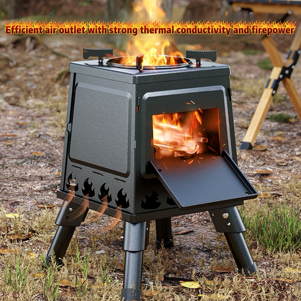 Wood Burning Camp Stove Portable Heavy Duty Outdoor Campfire Stove Sturdy Legs Air Vents Firewood Charcoal for Hiking Backpacking Picnic BBQ Travel