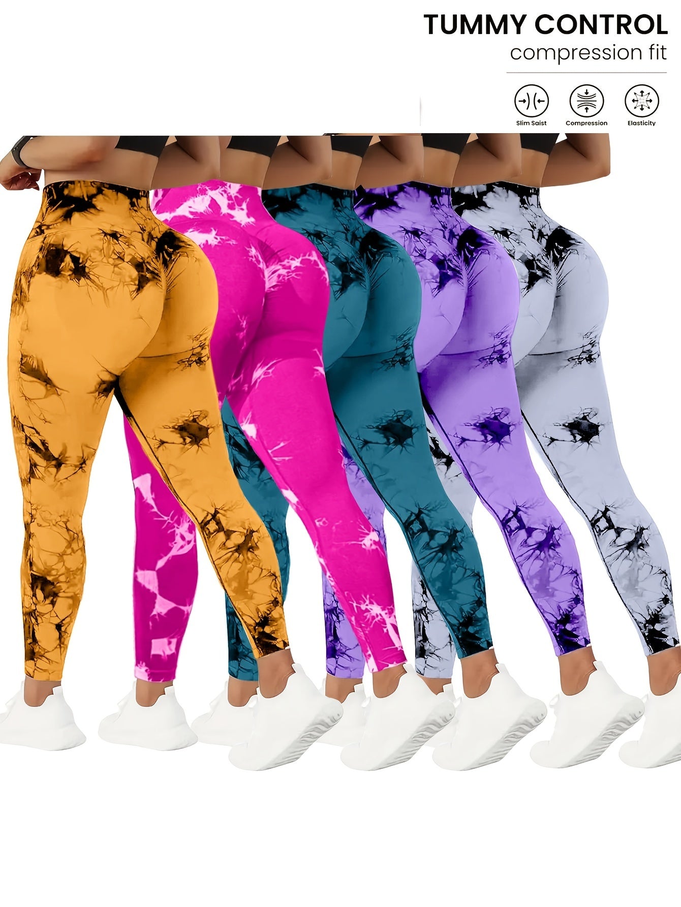 Tie Dye Yoga Pants 5-Pack for Women High Waist Tummy Control Peach Lift Leggings – 4-Way Stretch Running Tights Fitness Workout Pants Squat Proof Non-See-Through Polyamide Leggings S M L XL Multi-Color Sets