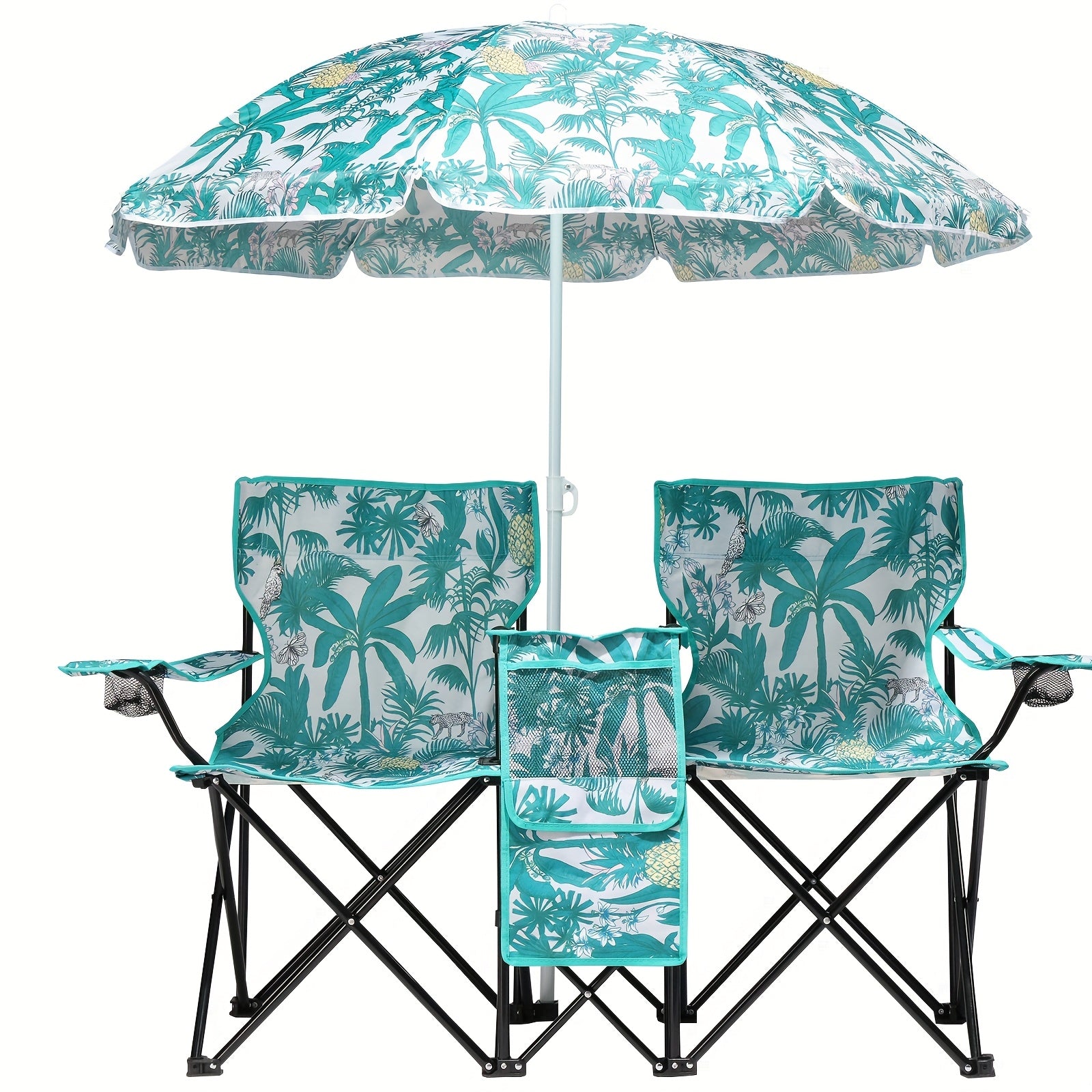 2-Seat Folding Outdoor Chair with Removable Sun Umbrella - Portable Double Camping Chair with Handrails for Fishing Beach Sunbathing Patio - Durable Steel Frame Oxford Fabric Lawn Chair