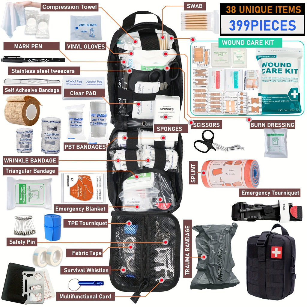 First Aid Kit 399-Piece Professional Portable Survival Gear for Hiking Camping Hunting Car Boat Travel Emergency Disaster Preparedness Gift for Men