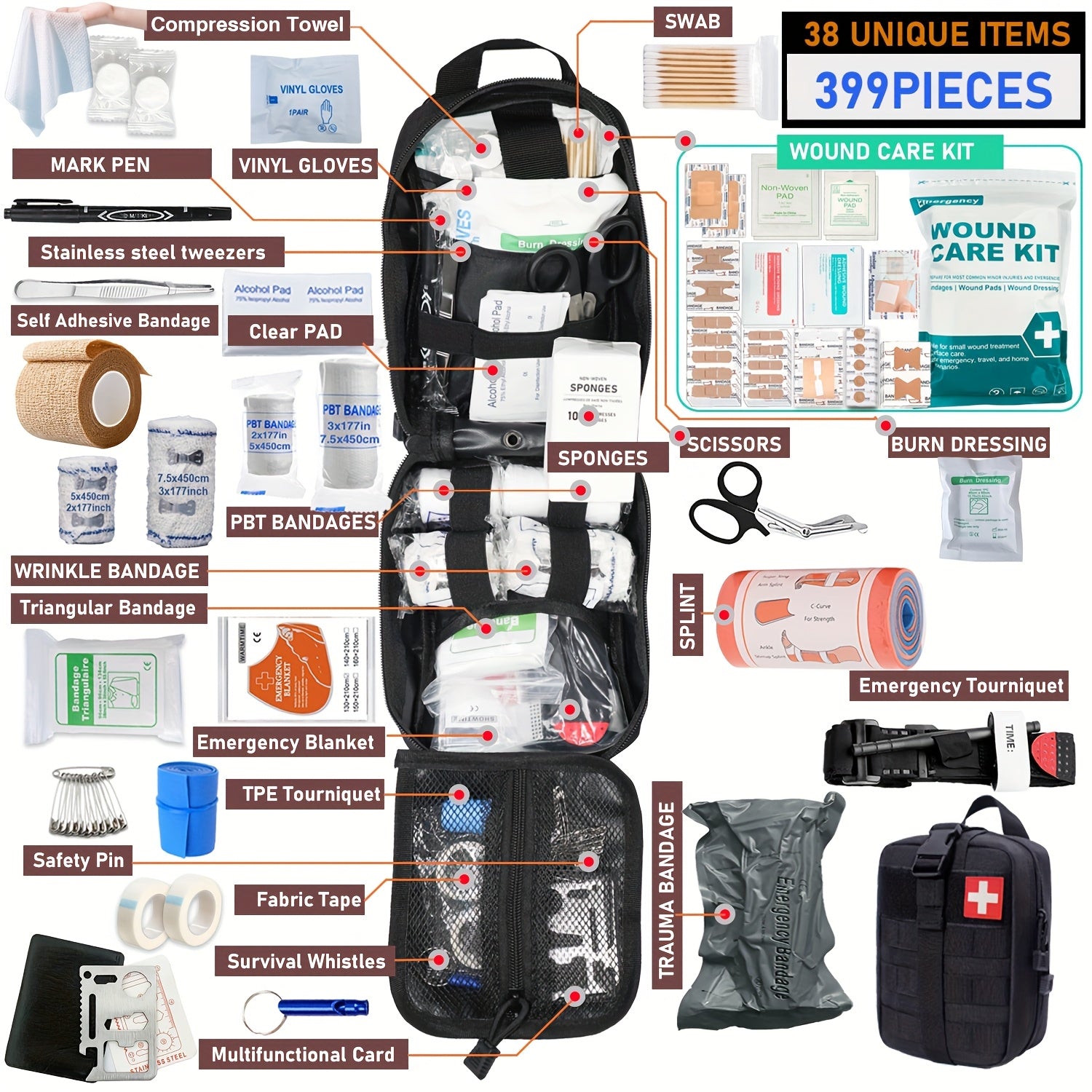 First Aid Kit 399-Piece Professional Portable Survival Gear for Hiking Camping Hunting Car Boat Travel Emergency Disaster Preparedness Gift for Men