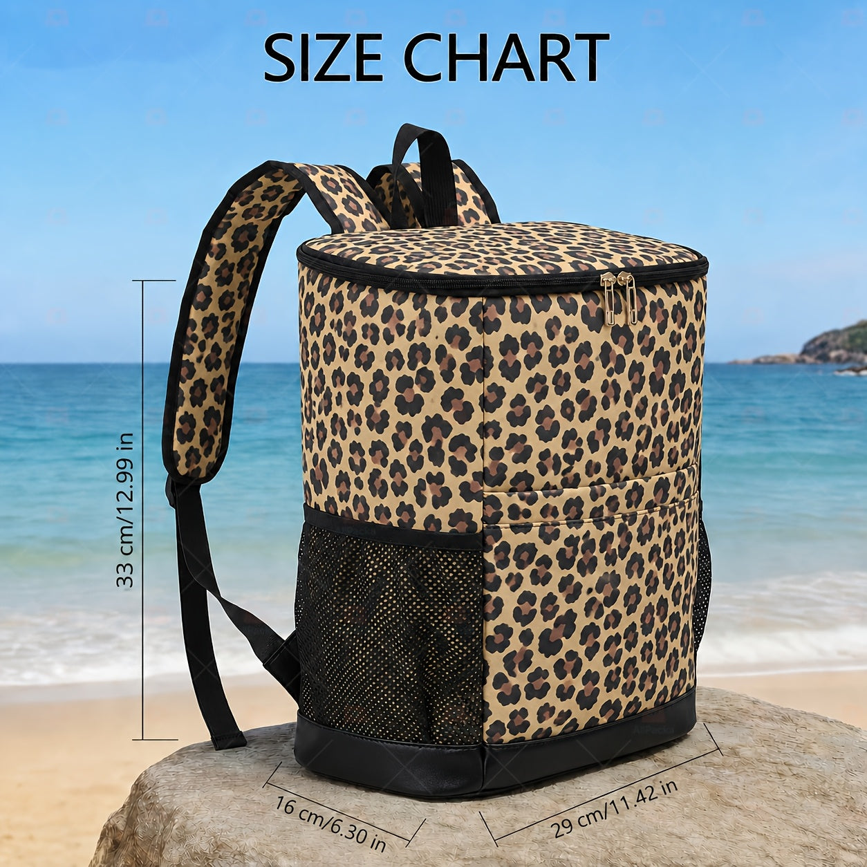 Insulated Cooler Backpack 30-Can Leopard Print Nylon Portable Cooler Bag with Mesh Pockets Adjustable Straps for Beach Camping Picnic Outdoor Travel Daily Use