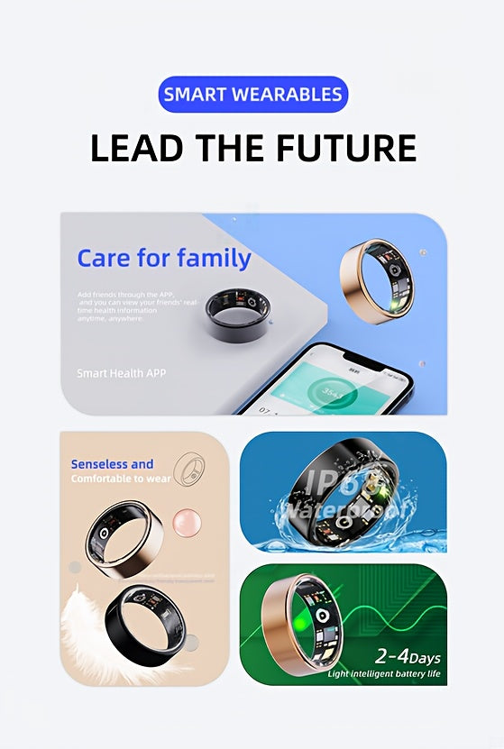 Smart Ring Fitness Tracker - Bluetooth 5.3 Health Monitoring Ring with 100+ Sports Modes, HRV Heart Rate, Stress Monitor, Body Temperature, IP68 Waterproof, iPhone & Android Compatible, Sizes 7-13