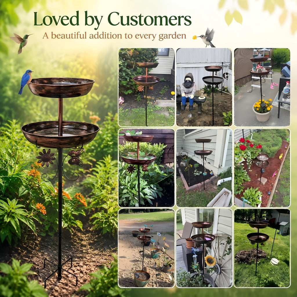 Bird Bath for Outdoor Garden - 42 Inch Heavy Duty Metal Double Layer Bird Bath & Feeder, Large Capacity Water Basin, 5-Claw Stable Base, Easy to Install & Clean, Copper Color Yard Decoration