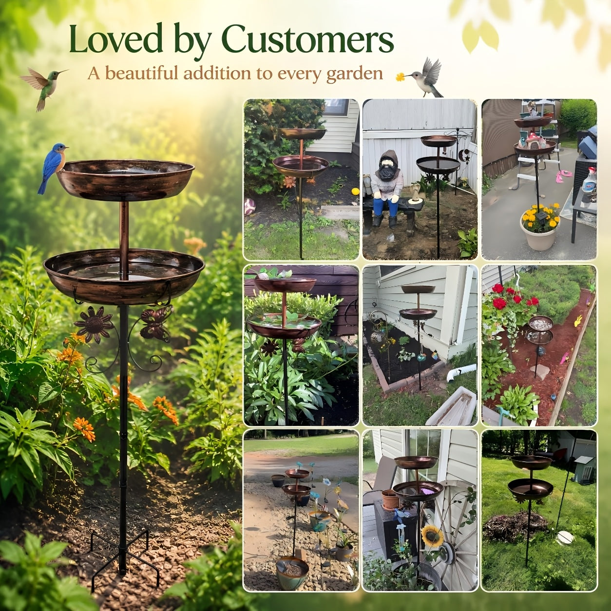 Bird Bath for Outdoor Garden - 42 Inch Heavy Duty Metal Double Layer Bird Bath & Feeder, Large Capacity Water Basin, 5-Claw Stable Base, Easy to Install & Clean, Copper Color Yard Decoration