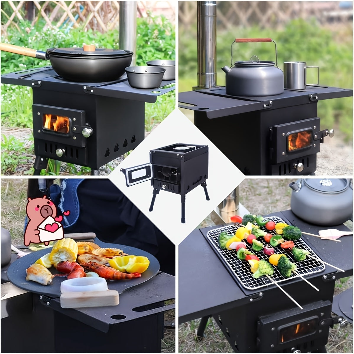 Wood Burning Camping Stove with Chimney Portable Foldable Carbon Steel Tent Stove for Camping Hunting Ice Fishing Backpacking Outdoor Heating Cooking