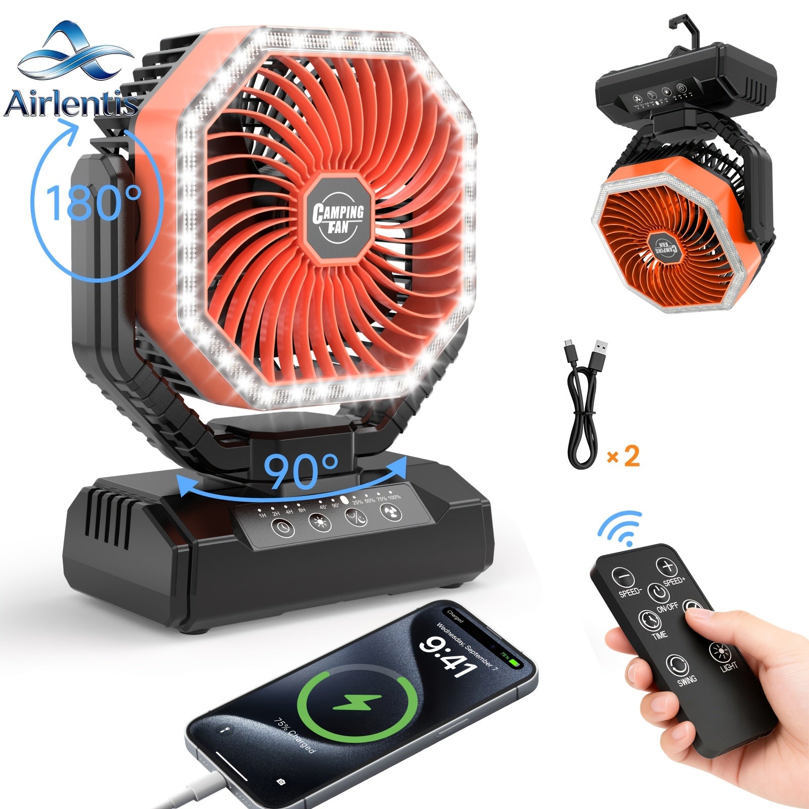 20000mAh Portable Camping Fan 180° Oscillating 4-Speed Brushless Motor LED Light 22-26H Battery USB Rechargeable for Camping Hiking Picnic Emergency Gray Pink Green Black Orange
