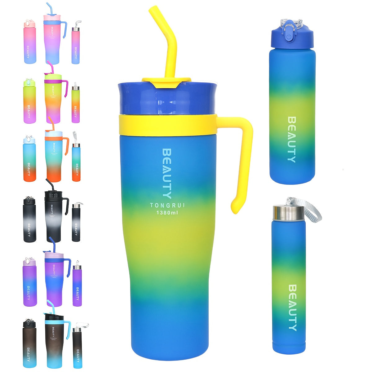 3-Piece Gradient Plastic Water Bottle Set with Straw 1380ml 800ml 280ml – Leakproof Portable Sports Cups for Car Gym Outdoor Fitness Travel
