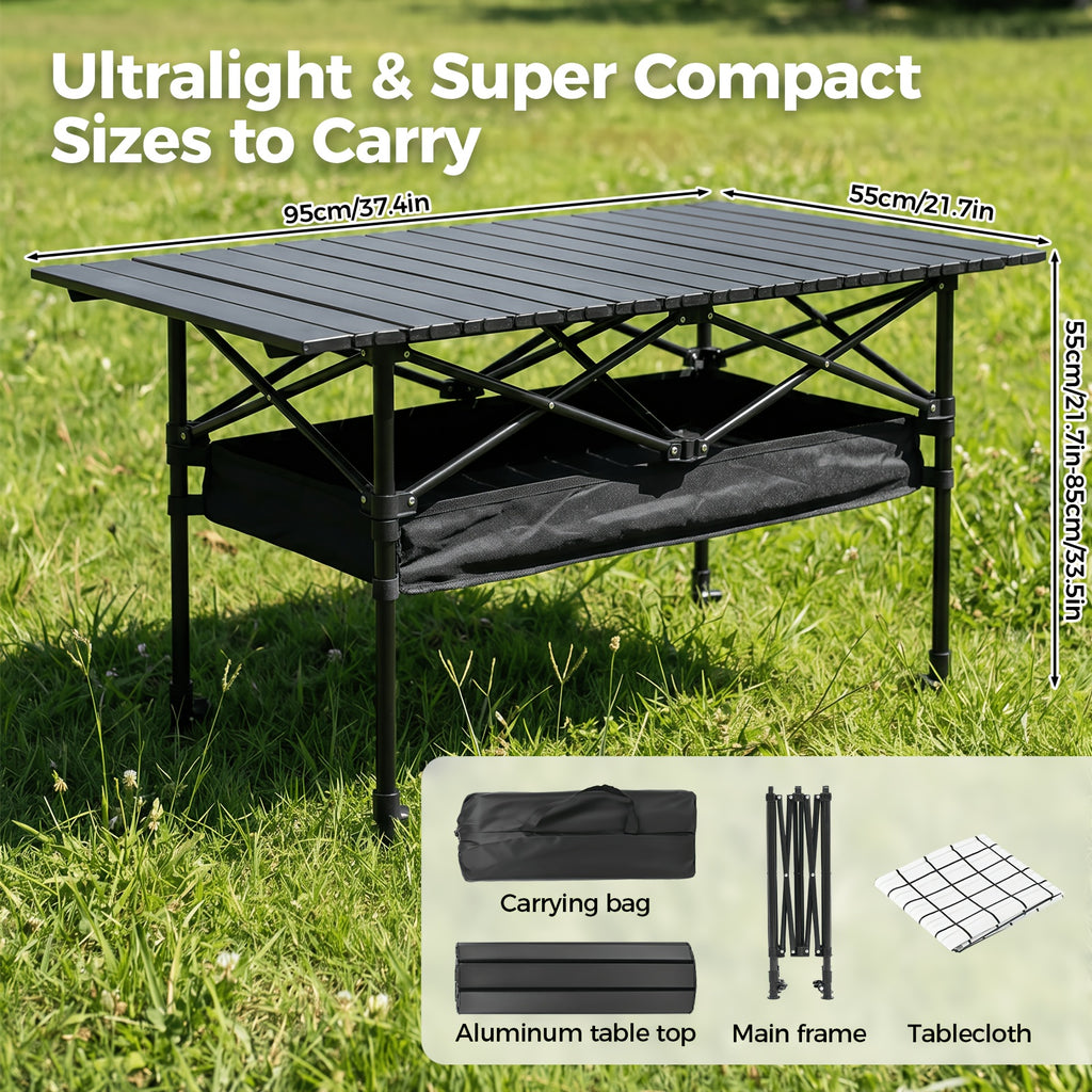 Folding Camping Table Portable Aluminum Height Adjustable with Rolling Wheels – Lightweight Outdoor Table with Mesh Storage Bag & Carry Bag for Camping, Beach, Backyard, BBQ, Patio & Picnic