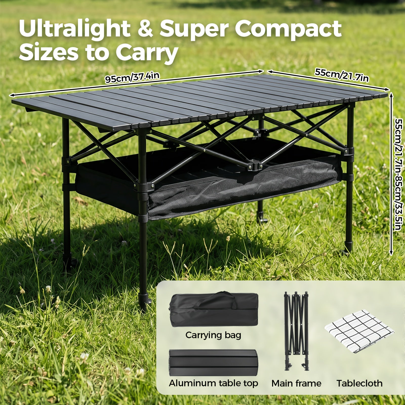 Folding Camping Table Portable Aluminum Height Adjustable with Rolling Wheels – Lightweight Outdoor Table with Mesh Storage Bag & Carry Bag for Camping, Beach, Backyard, BBQ, Patio & Picnic
