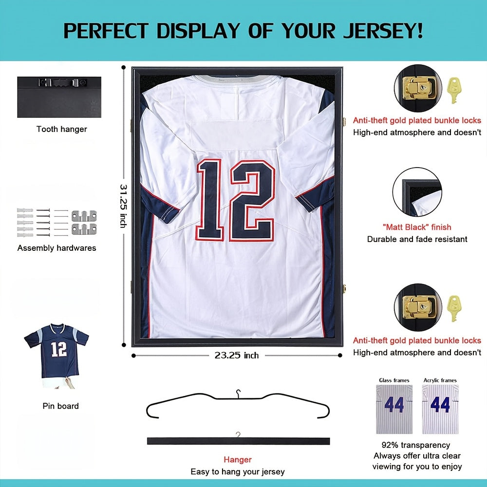 Jersey Display Frame Case Lockable Shadow Box UV Protection Matte Black – Baseball Basketball Football Soccer Hockey Sports Shirt Memorabilia