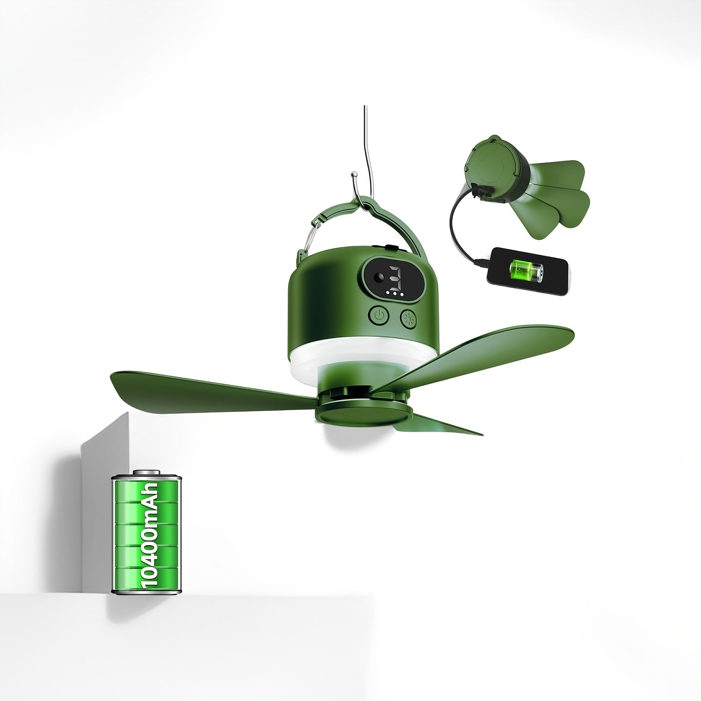 Portable Camping Ceiling Fan 10400mAh USB Rechargeable Tent Fan with Remote Control LED Light Detachable Blades 4 Speed Settings for Camping Hiking Outdoor Travel