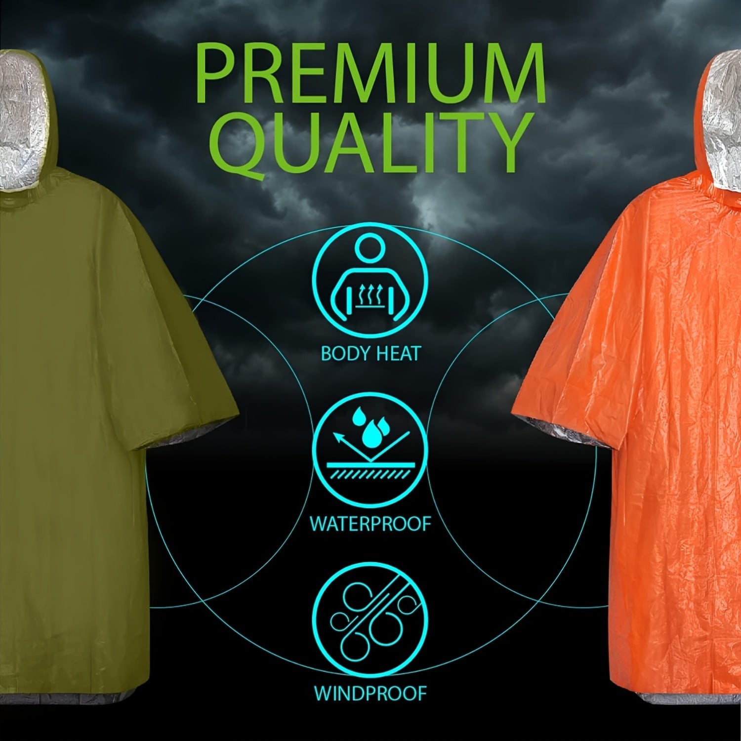 Emergency Rain Poncho Waterproof Two-Sided Thermal Blanket Pack – Portable Raincoat for Hiking Camping Survival Emergency Kit Bug Out Bag