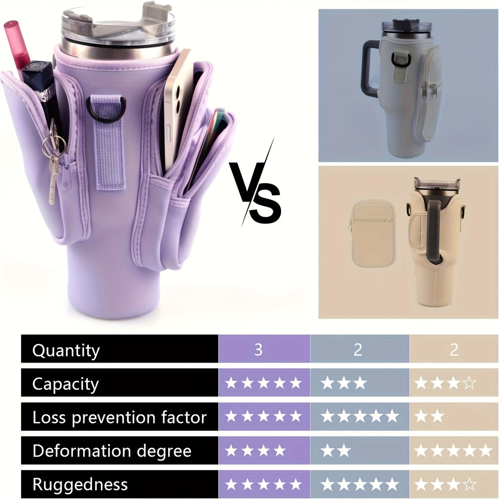 Neoprene Water Bottle Carrier Bag with Phone Pocket for 40oz 30oz Tumbler, 3-Pocket Water Bottle Holder Pouch for Hiking Gym Travel, Fits Stanley Cup Accessories, Father's Day Gift