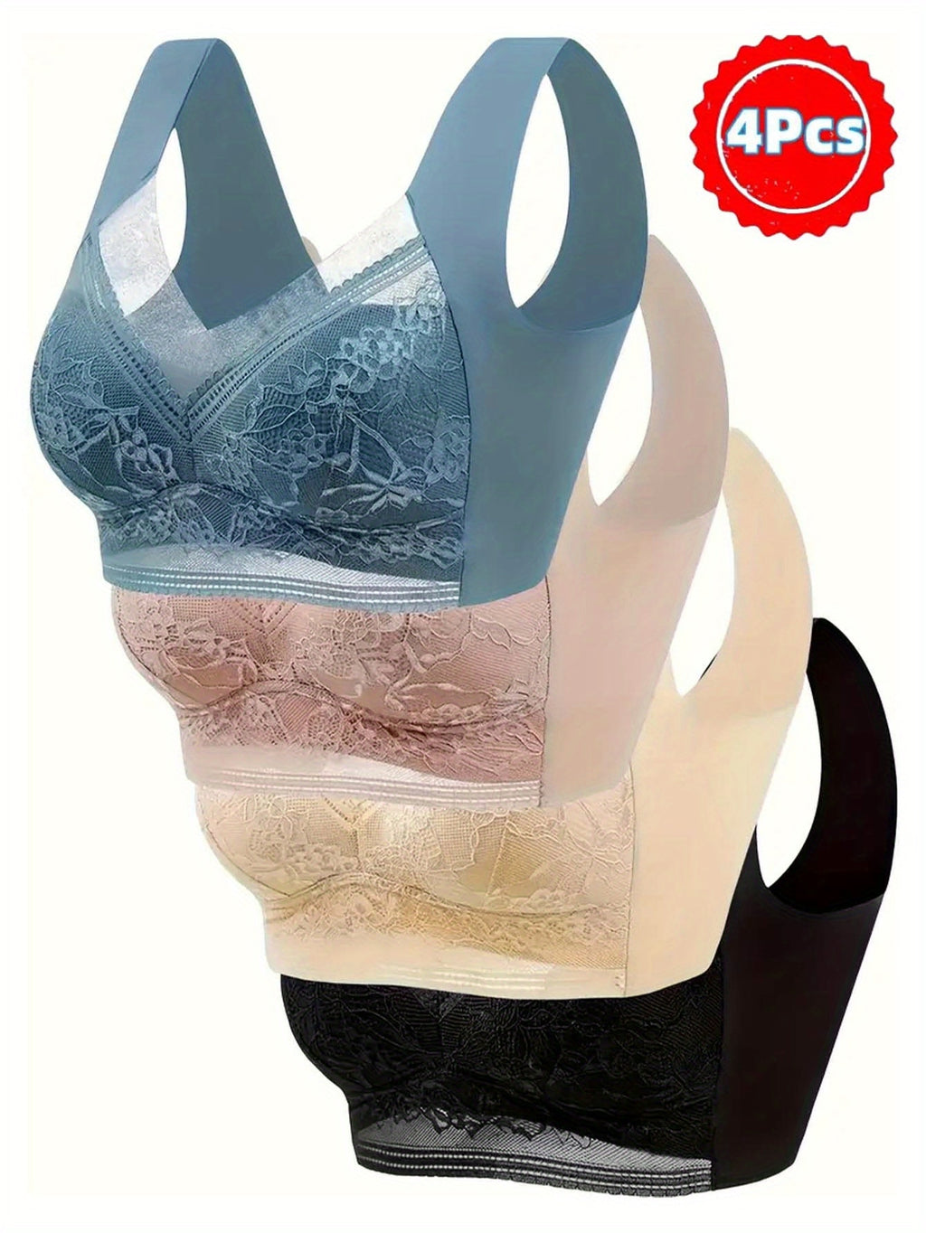 4-Pack Women's Lace Sports Bra Vest – Ice Silk Traceless Bralette with Beautiful Lace Back, Fixed Cup Support for Large Chest, Breathable Gathered Design, Sizes S-XXL