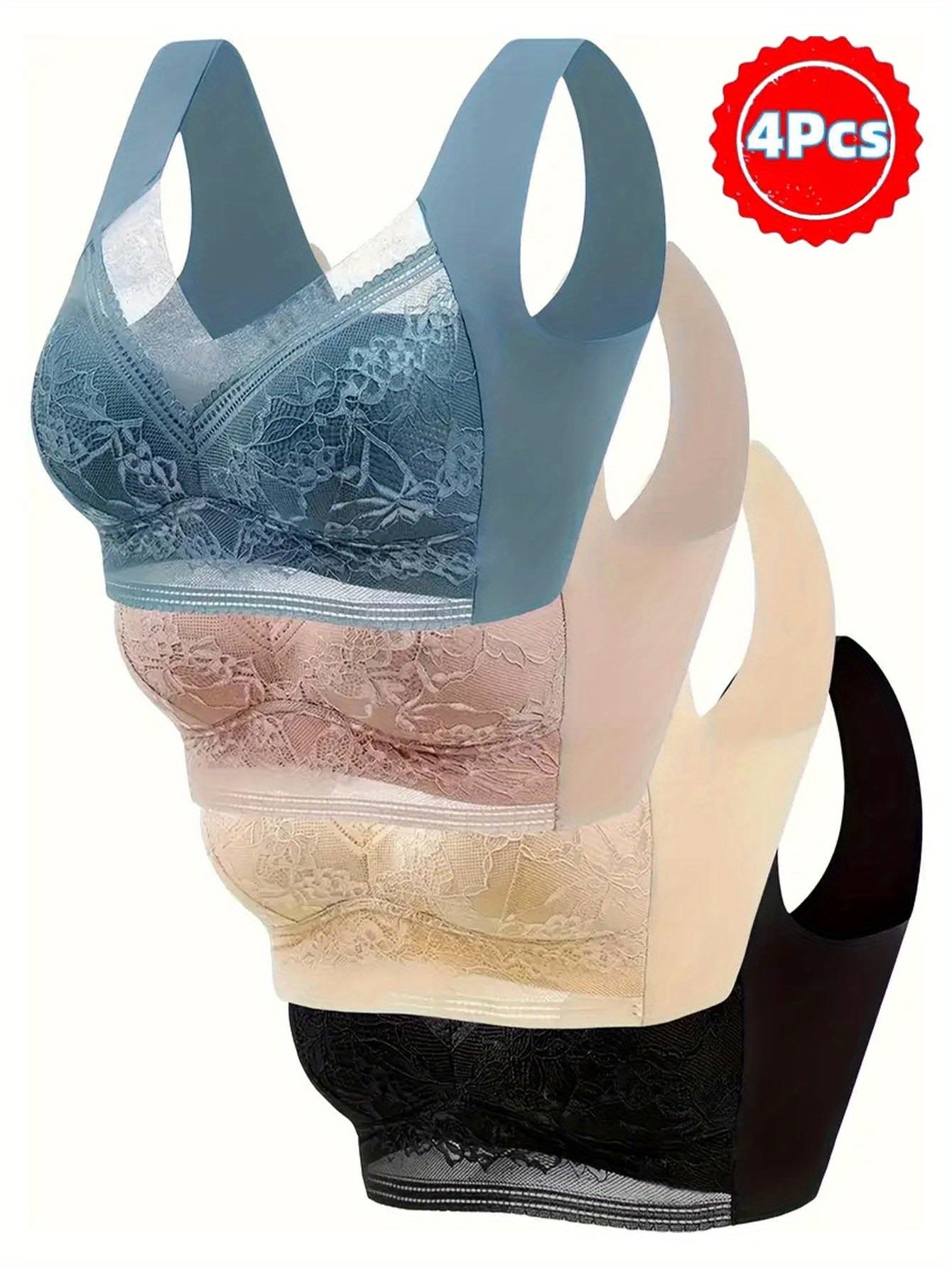 4-Pack Women's Lace Sports Bra Vest – Ice Silk Traceless Bralette with Beautiful Lace Back, Fixed Cup Support for Large Chest, Breathable Gathered Design, Sizes S-XXL