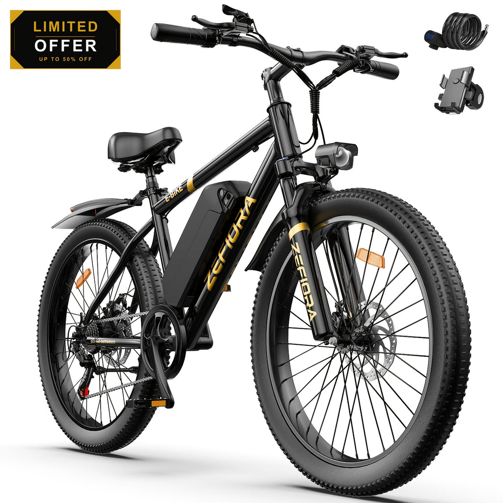 Electric Mountain Bike for Adults 26 Inch 25MPH E-Bike with 48V Removable Battery Shimano 7-Speed 3 Riding Modes Front Suspension - Electric Bicycle with Optional Lock & Phone Mount