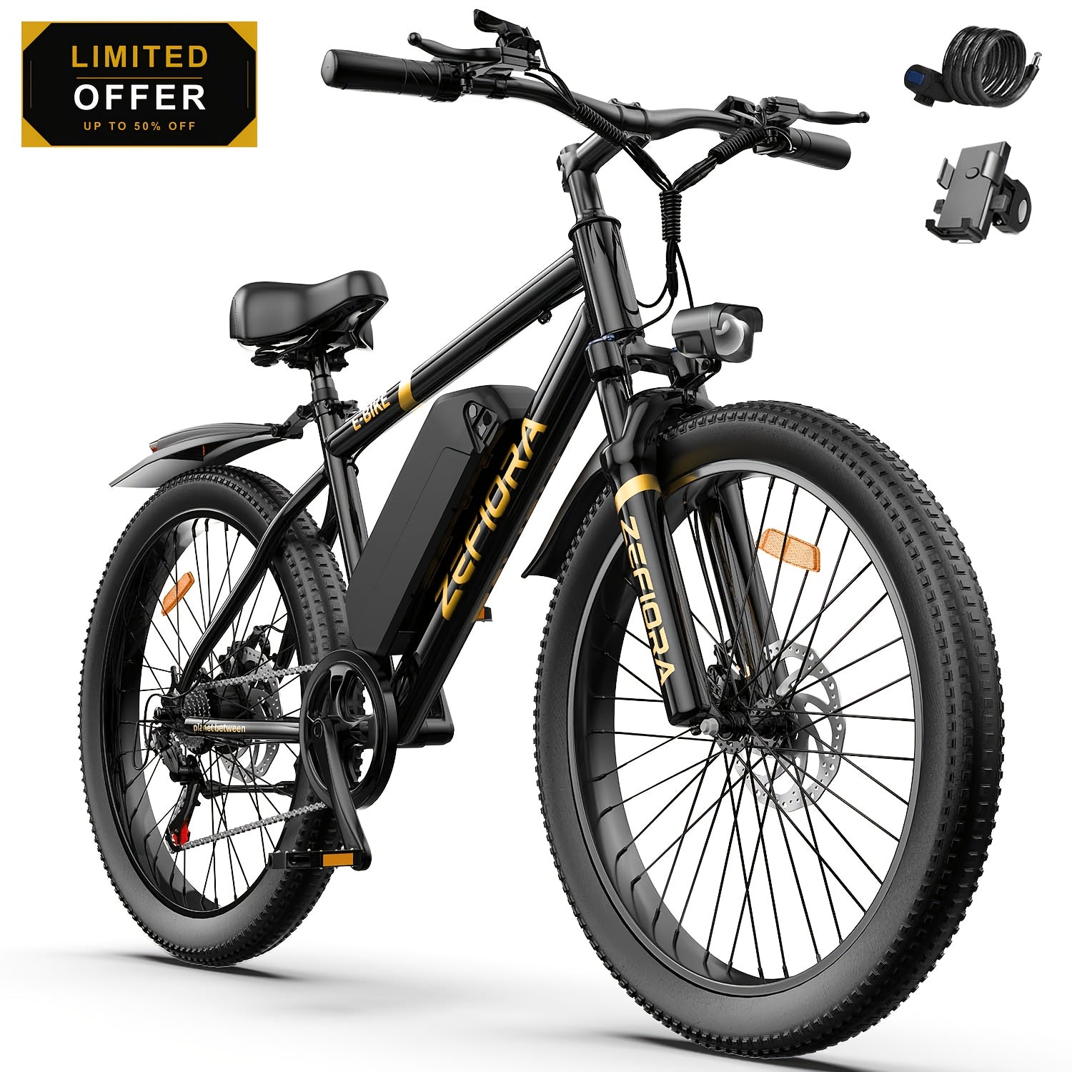 Electric Mountain Bike for Adults 26 Inch 25MPH E-Bike with 48V Removable Battery Shimano 7-Speed 3 Riding Modes Front Suspension - Electric Bicycle with Optional Lock & Phone Mount