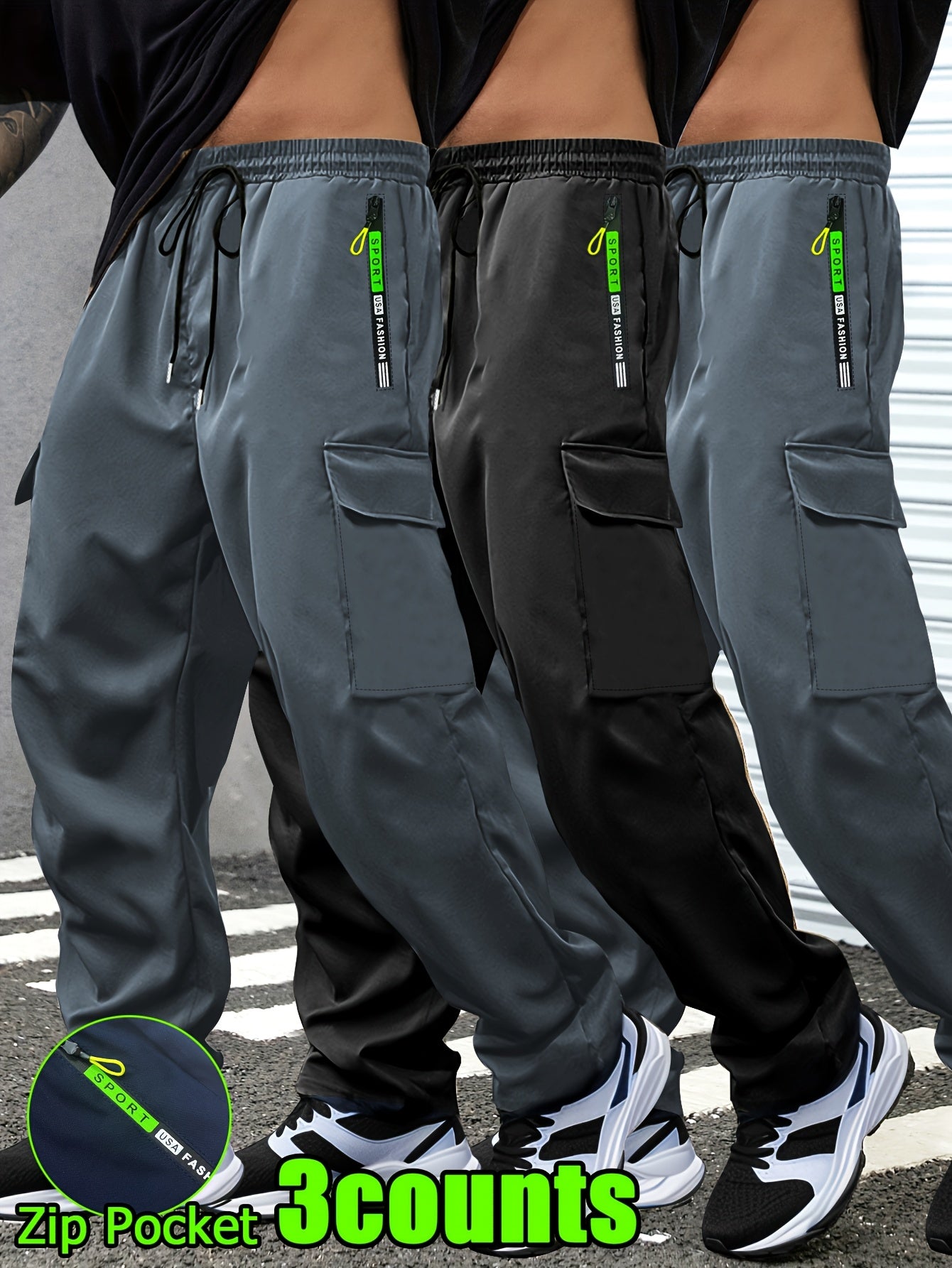 Men's Lightweight Cargo Pants with Drawstring & Elastic Waist – Multi Zipper & Side Pockets, Breathable Regular Fit for Hiking, Camping & Casual Outdoor Wear, S-XXXL