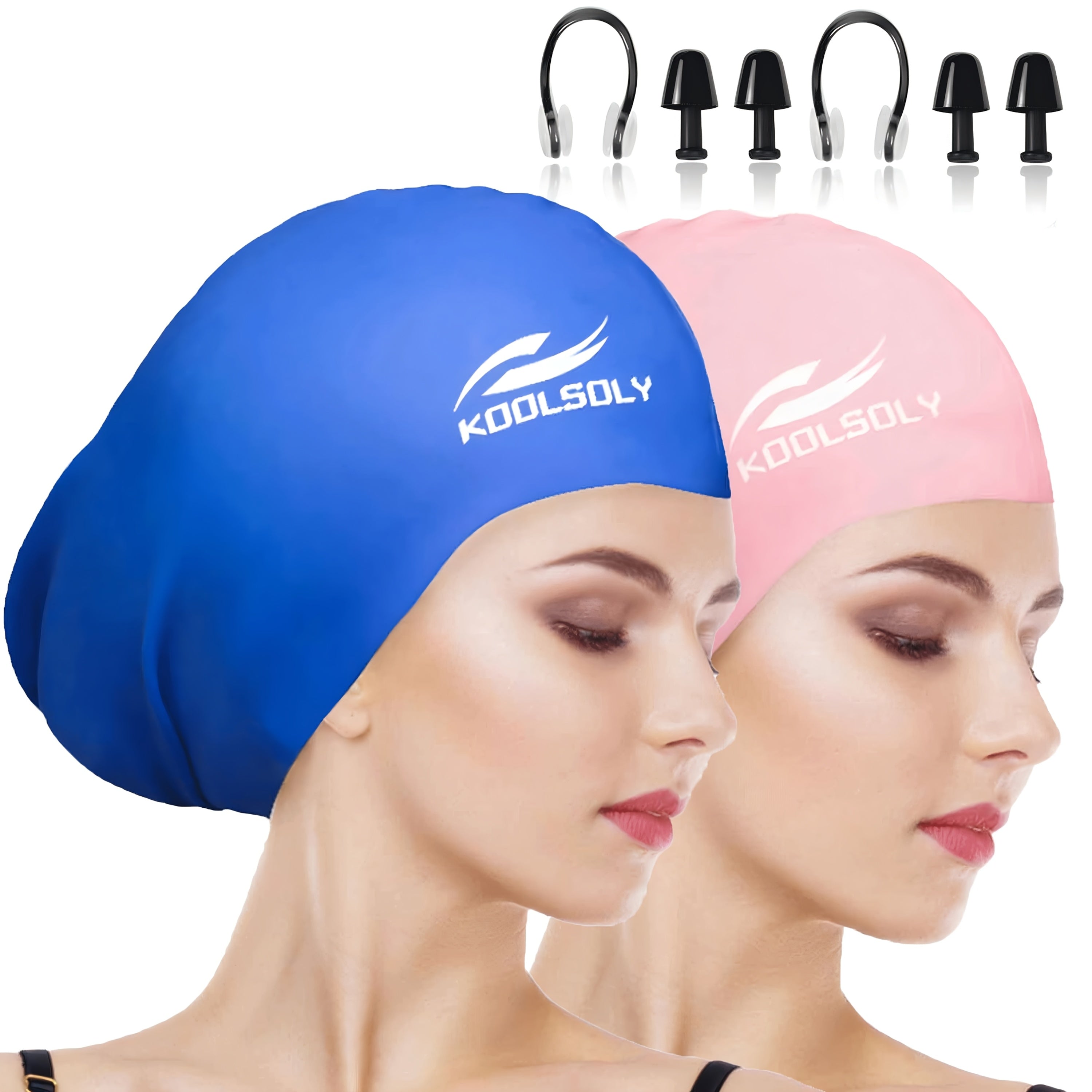 Silicone Swimming Cap 2-Pack with Ear Protection for Long Hair – Includes Earplugs & Nose Clip – Waterproof Swim Cap Set for Women Men Adults Pool Beach Lap Swimming Multiple Color Combos