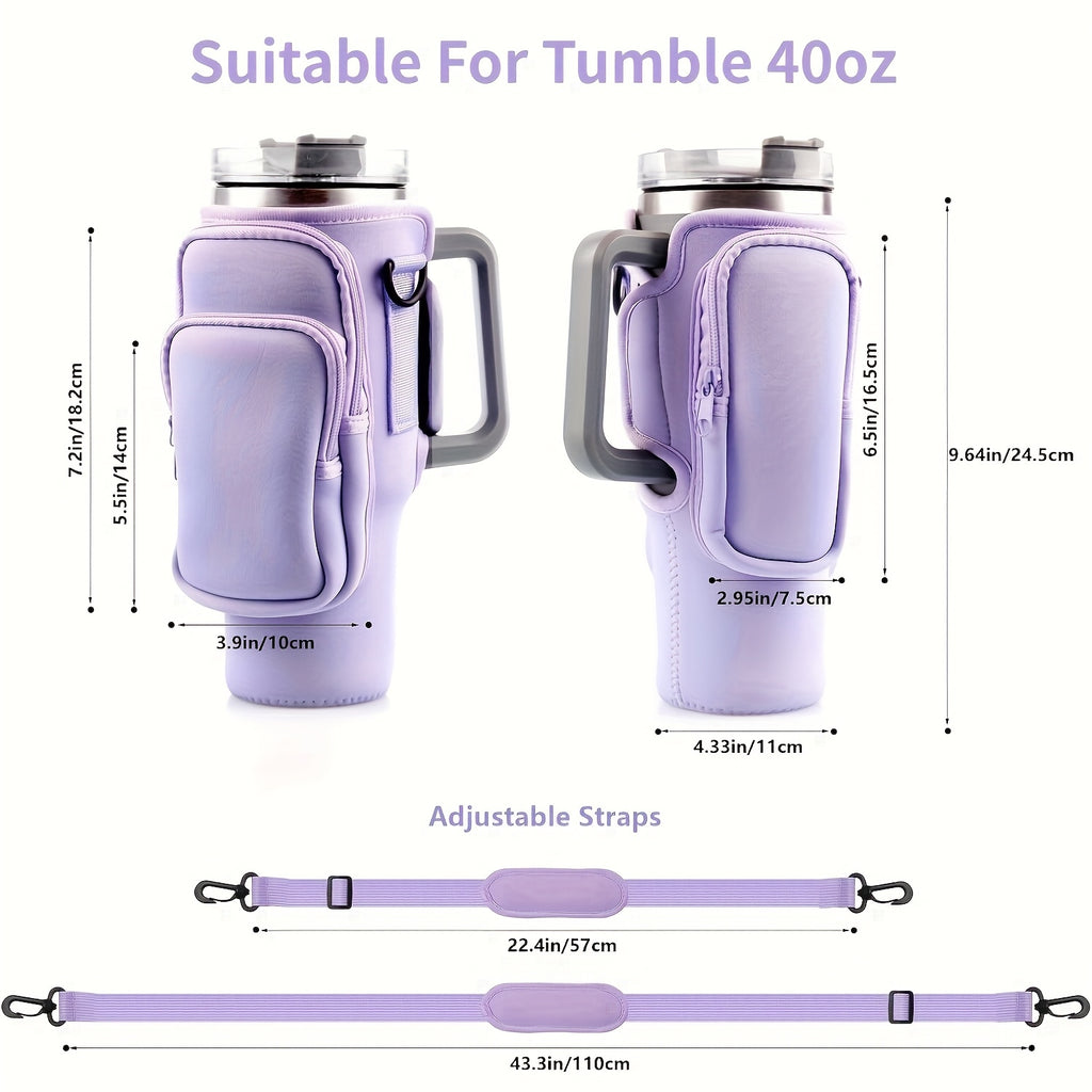 Neoprene Water Bottle Carrier Bag with Phone Pocket for 40oz 30oz Tumbler, 3-Pocket Water Bottle Holder Pouch for Hiking Gym Travel, Fits Stanley Cup Accessories, Father's Day Gift