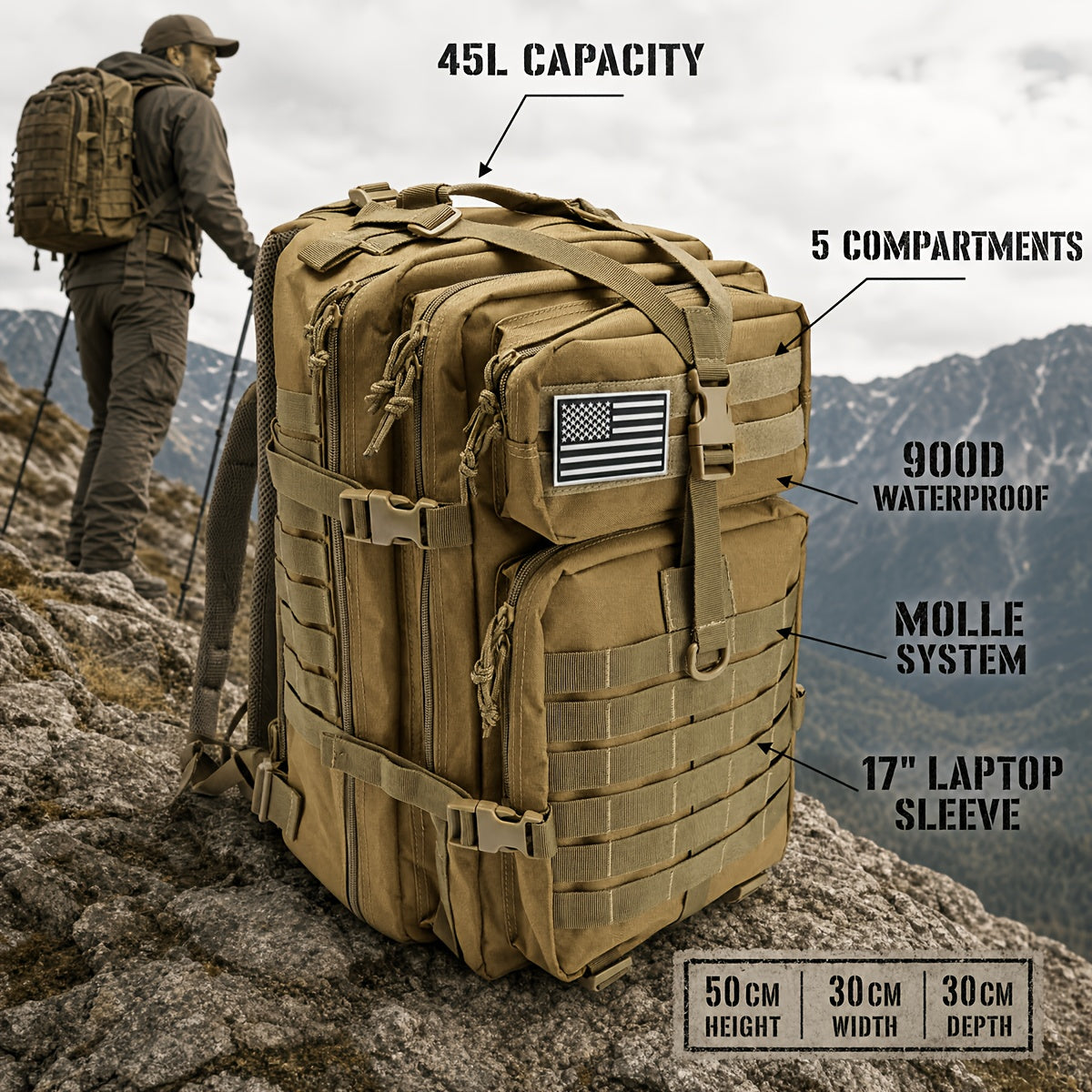 Tactical Backpack 45L MOLLE Rucksack 900D – 17" Laptop Compartment Multi-Pocket Expandable 3-Day Pack for Hiking Camping Traveling – Military Style Daypack Gift for Men Dad