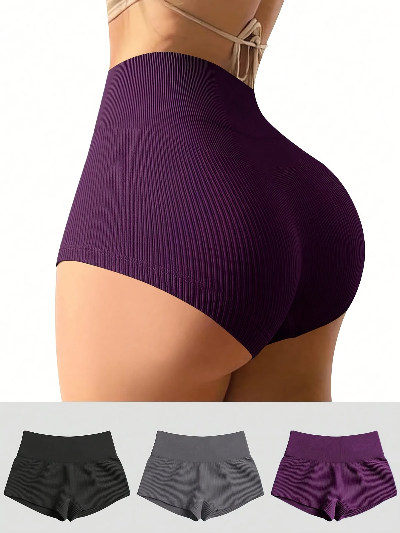 3-Pack Women's High-Waist Seamless Yoga Shorts High-Stretch Nylon Workout Running Shorts for Gym Fitness Sports S-XL Black Gray Purple Blue Coffee
