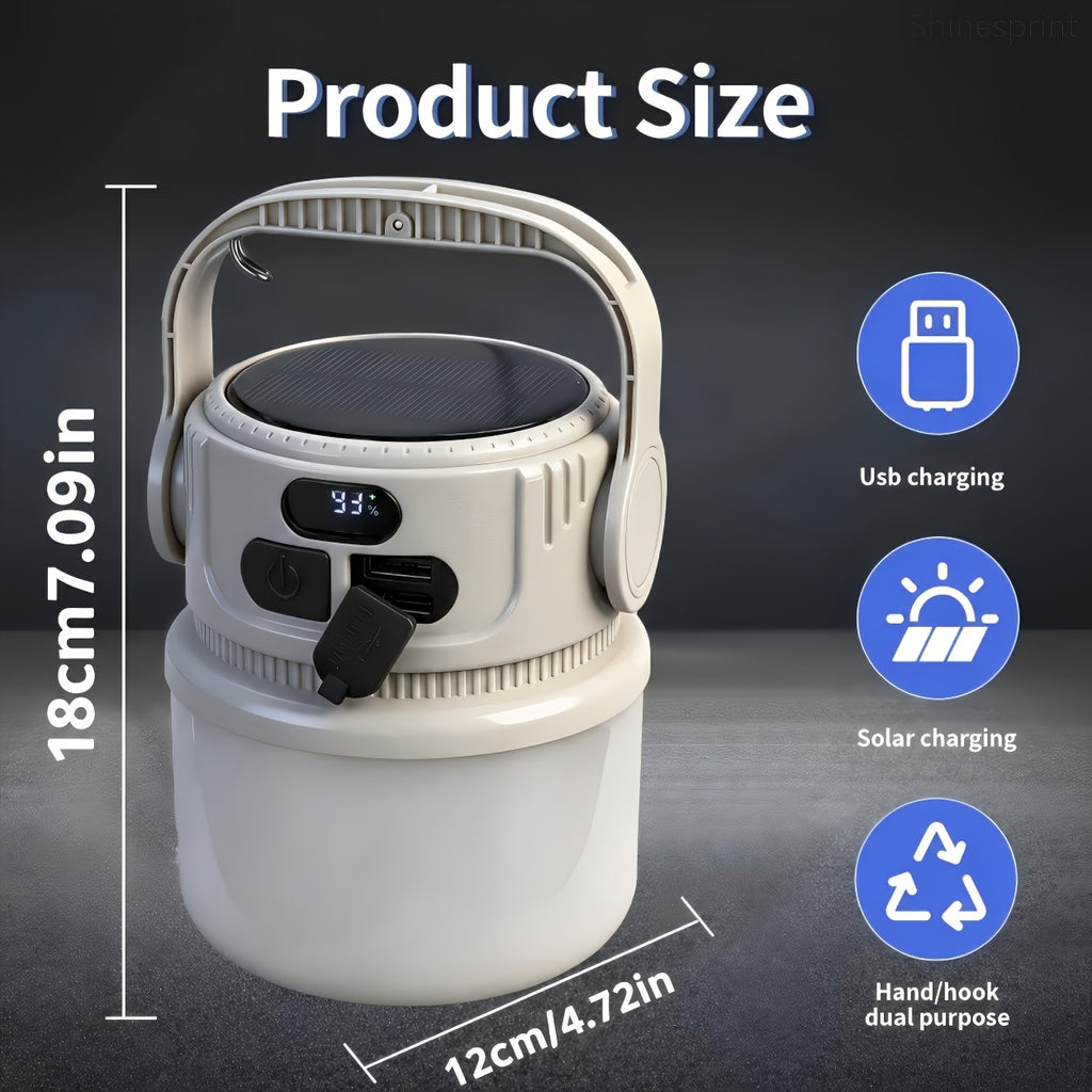 Solar Camping Lantern 6 Modes LED Rechargeable with USB Power Bank, Portable Outdoor Camp Light with Hook SOS Strobe Type-C Charge for Tent Hiking Mountaineering Emergency Preparedness