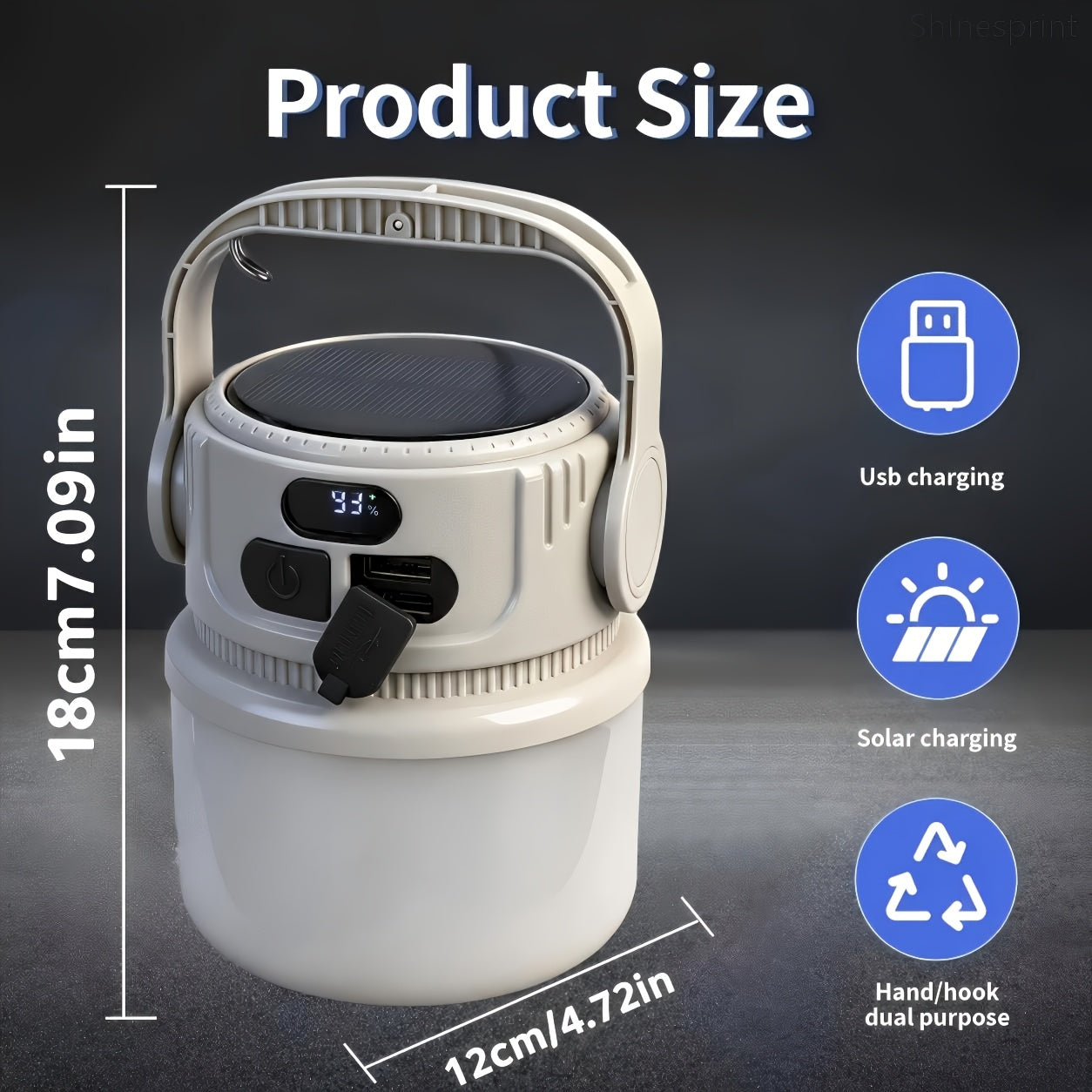 Solar Camping Lantern 6 Modes LED Rechargeable with USB Power Bank, Portable Outdoor Camp Light with Hook SOS Strobe Type-C Charge for Tent Hiking Mountaineering Emergency Preparedness