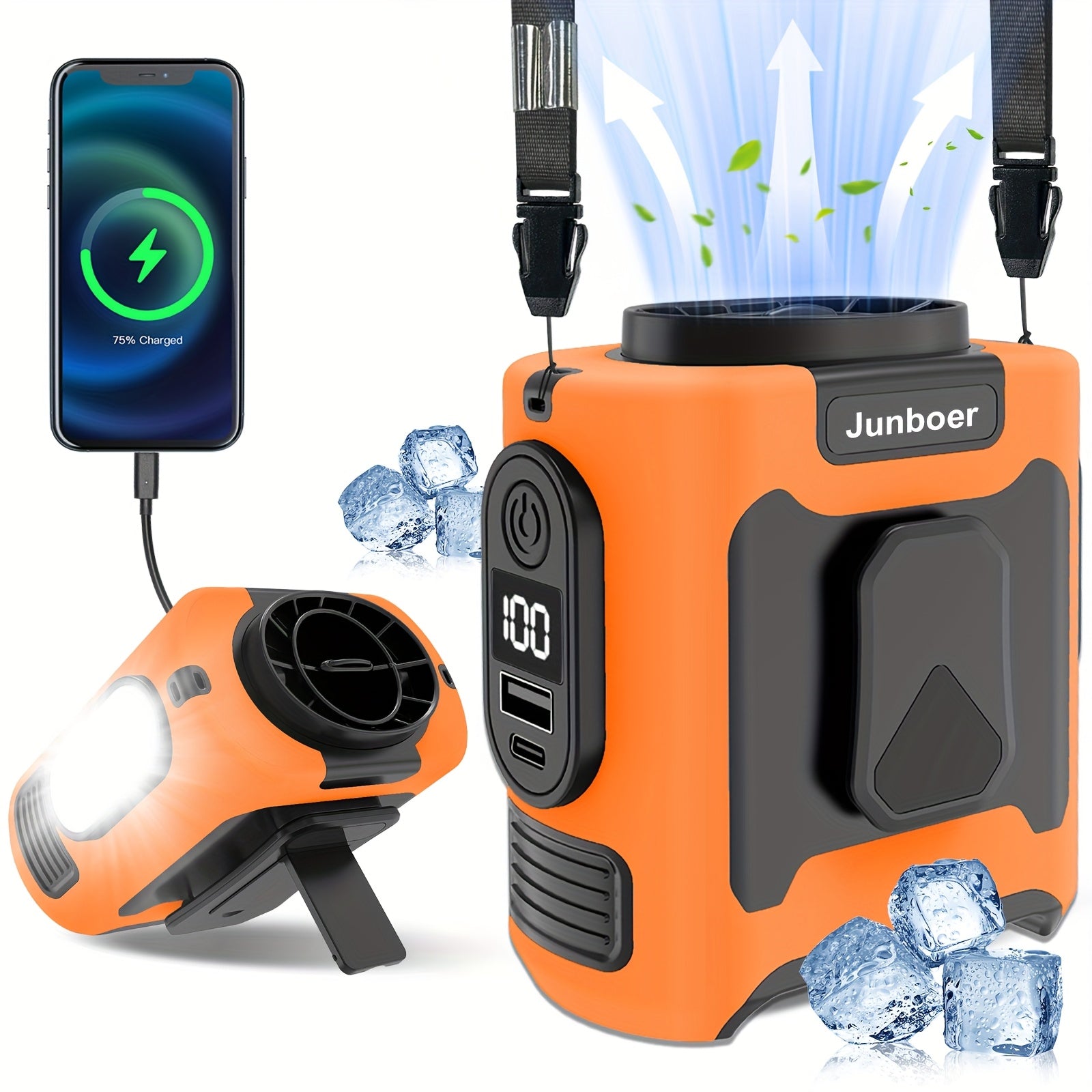 Wearable Belt Fan 10000mAh 3-in-1 – 40-Hour Hands-Free Cooling, 5-Speed 30000RPM Motor, Dual Clip, Built-In Flashlight & Phone Power Bank for Camping, Outdoor & Travel | 1 or 2 Pack