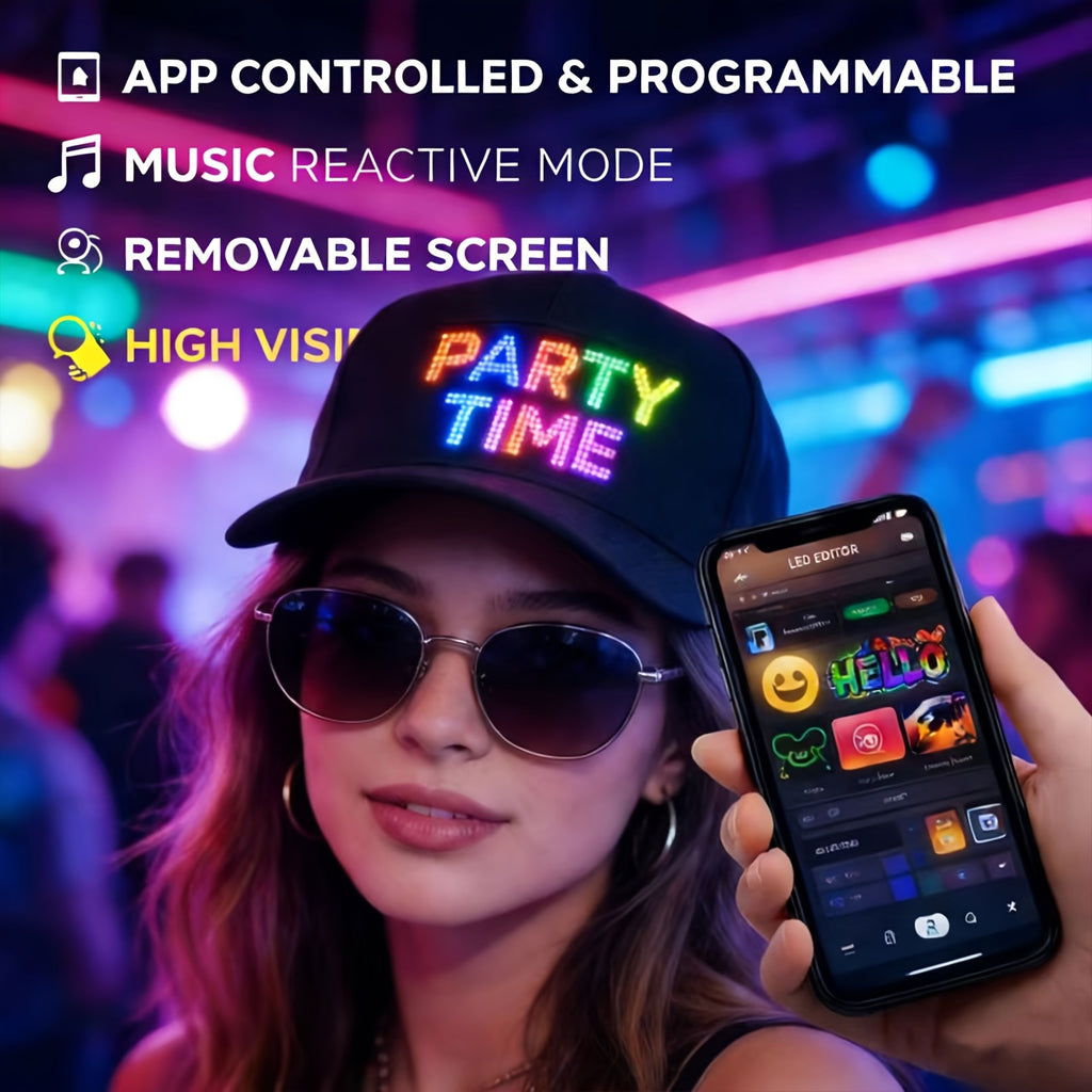 Programmable LED Light-Up Hat Bluetooth App Controlled Scrolling Text Baseball Cap Rechargeable USB Flashing Display for Parties Festivals Night Runs Teens Adults Gift
