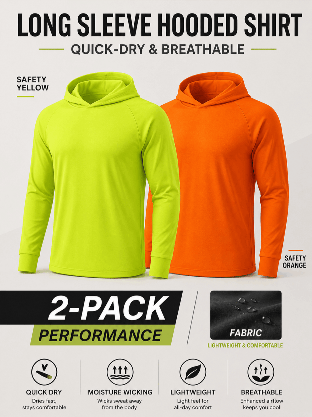 UPF 50+ Sun Protection Hoodie Long Sleeve Quick-Dry 2-Pack – High Visibility Lightweight UV SPF Shirt for Hiking, Fishing & Outdoor Active Wear, S-XXXL
