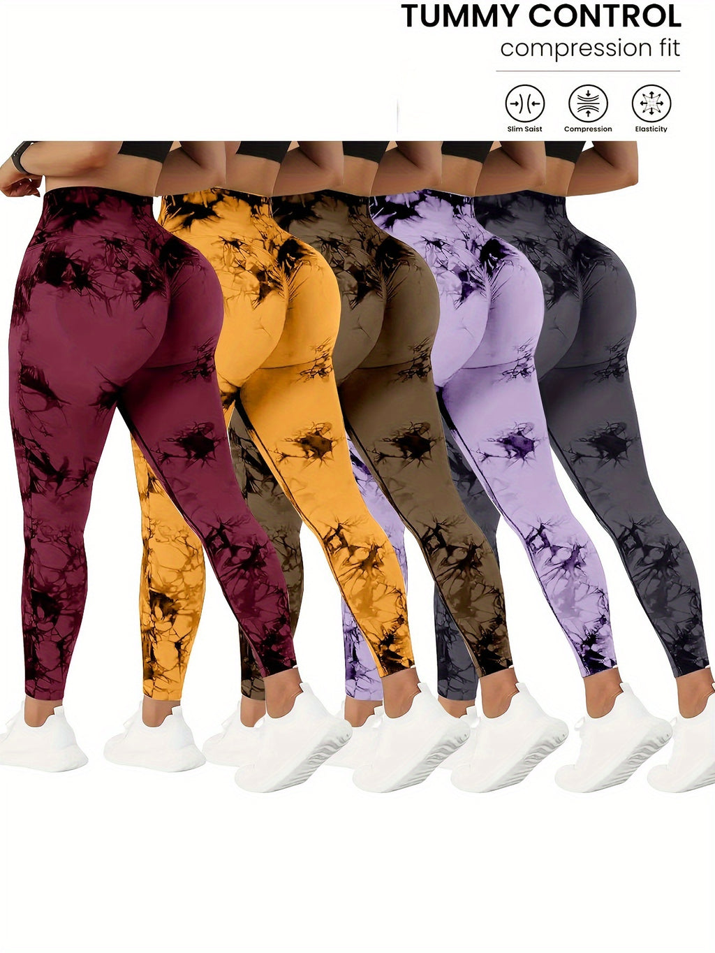 Tie Dye Yoga Pants 5-Pack for Women High Waist Tummy Control Peach Lift Leggings – 4-Way Stretch Running Tights Fitness Workout Pants Squat Proof Non-See-Through Polyamide Leggings S M L XL Multi-Color Sets