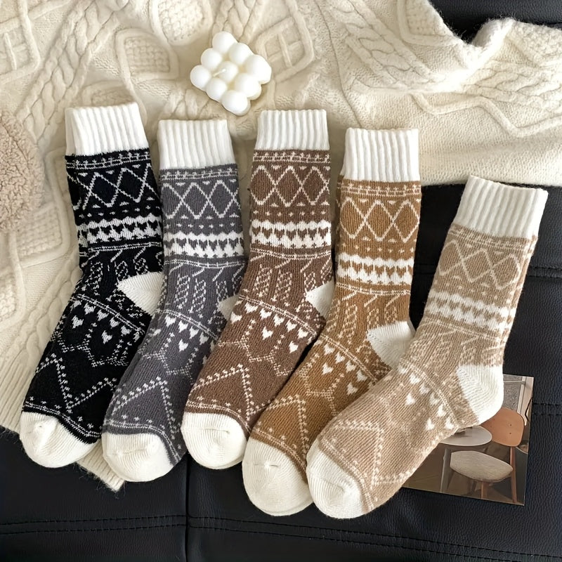 Women's Thermal Winter Socks 5-Pack Warm Fluffy Mid-Calf Cold Weather Socks – Ethnic Rhombus Pattern Cozy Soft Fabric for Outdoor Commuting Home Multi-Color
