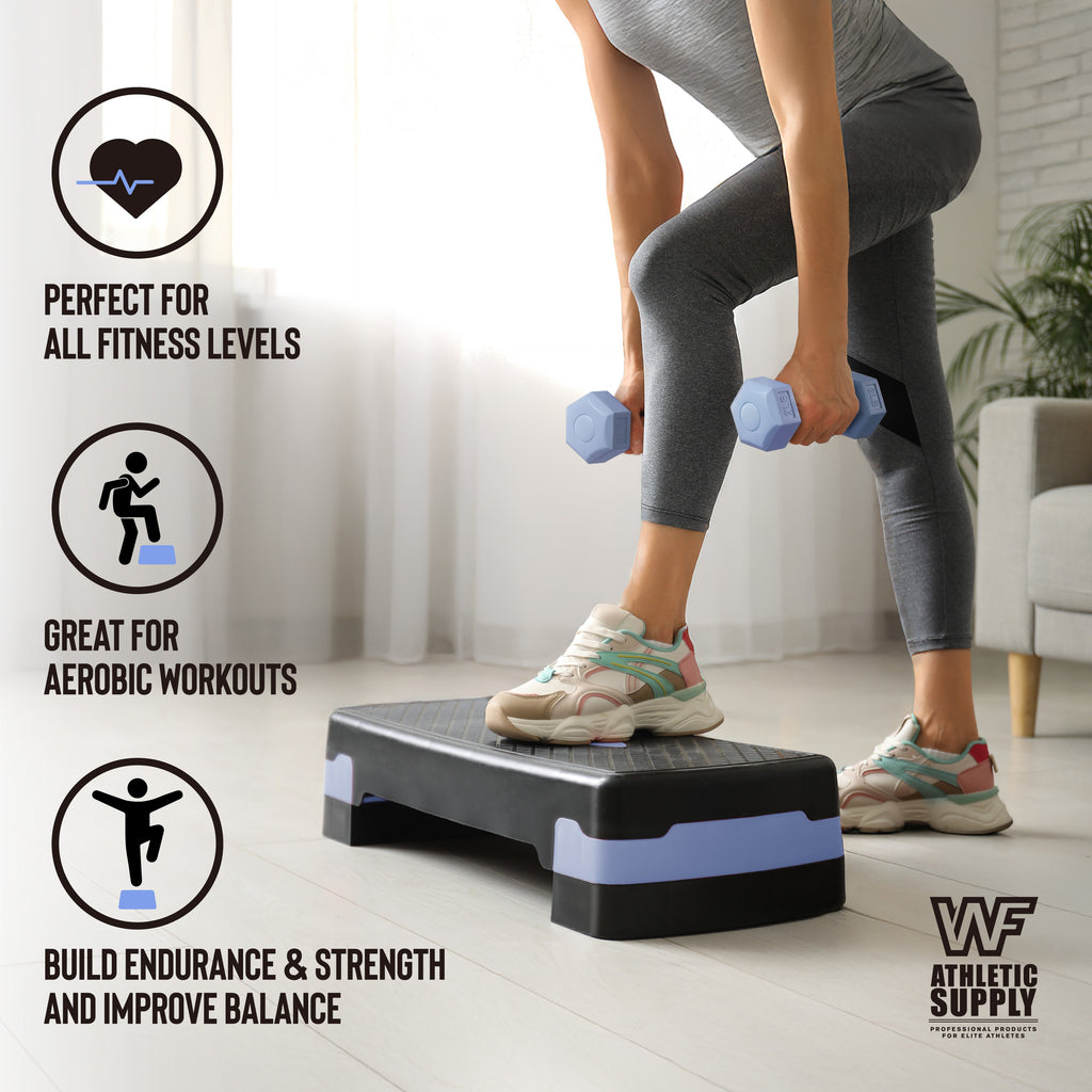 Aerobic Step Platform with Dumbbells Measuring Tape Adjustable Height 2 Level Risers Non-Slip Exercise Stepper Home Gym Workout 550LB Capacity Pink Green Blue