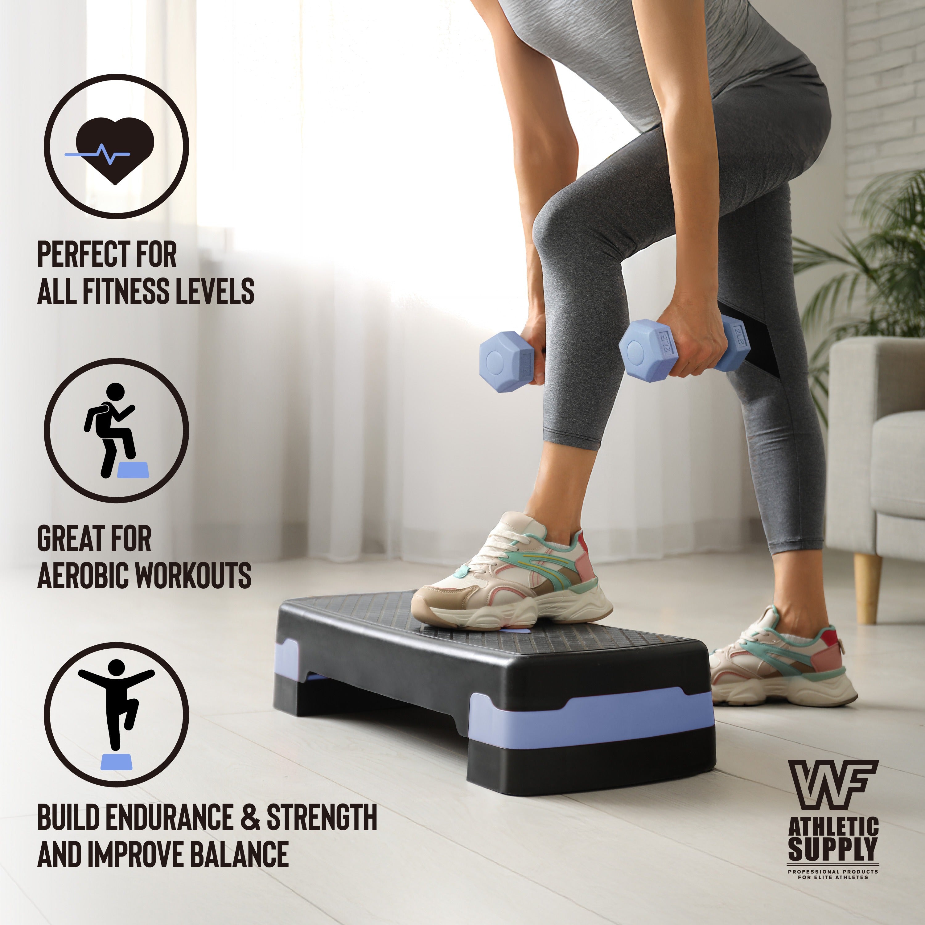 Aerobic Step Platform with Dumbbells Measuring Tape Adjustable Height 2 Level Risers Non-Slip Exercise Stepper Home Gym Workout 550LB Capacity Pink Green Blue