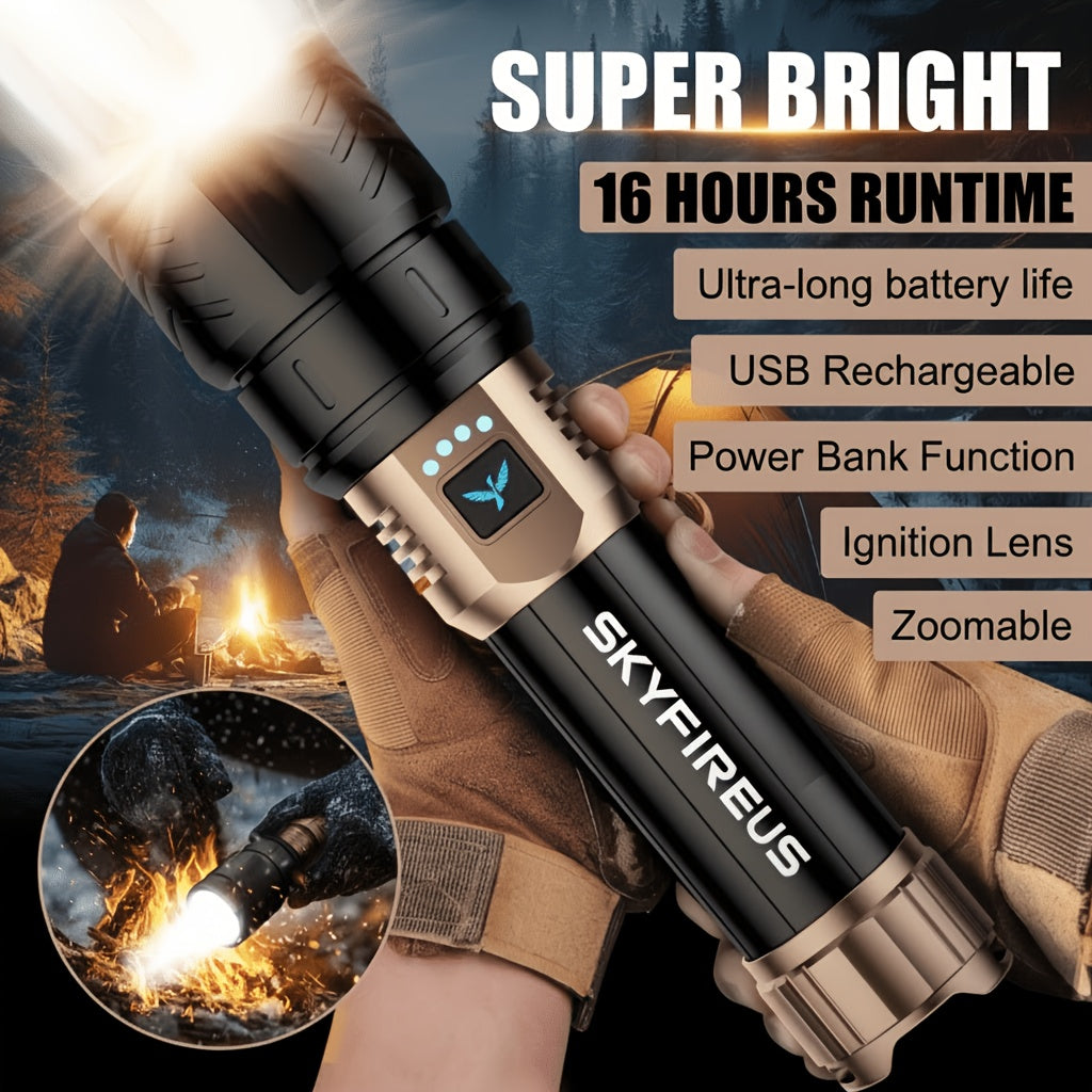 LED Tactical Flashlight High Lumen Rechargeable Zoomable 4 Modes – Super Bright Camping Cycling & Emergency Light with Zoom Lens Black Copper Black Gold