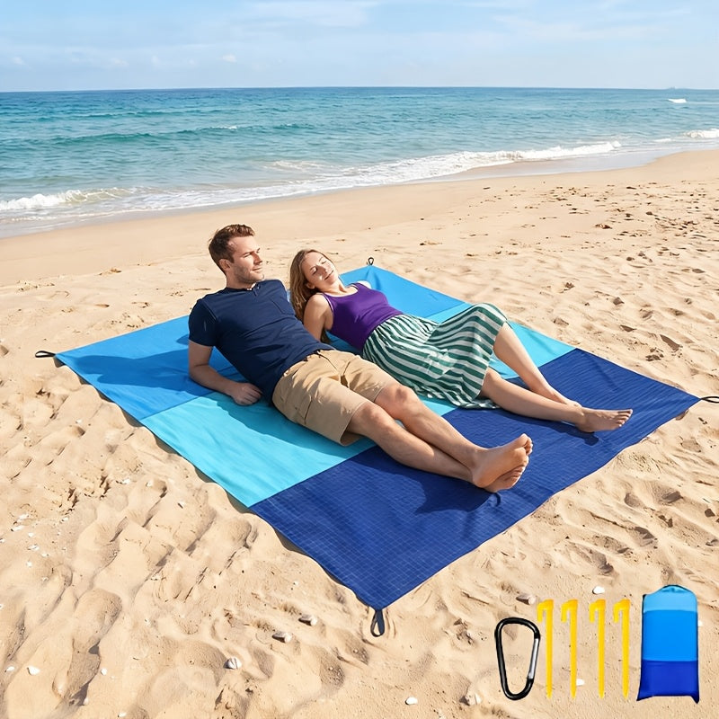 Sand-Proof Beach Blanket Extra Large – Foldable Polyester Beach Mat with 4 Corner Stakes, Lightweight Portable for Beach Camping Picnic Hiking Travel