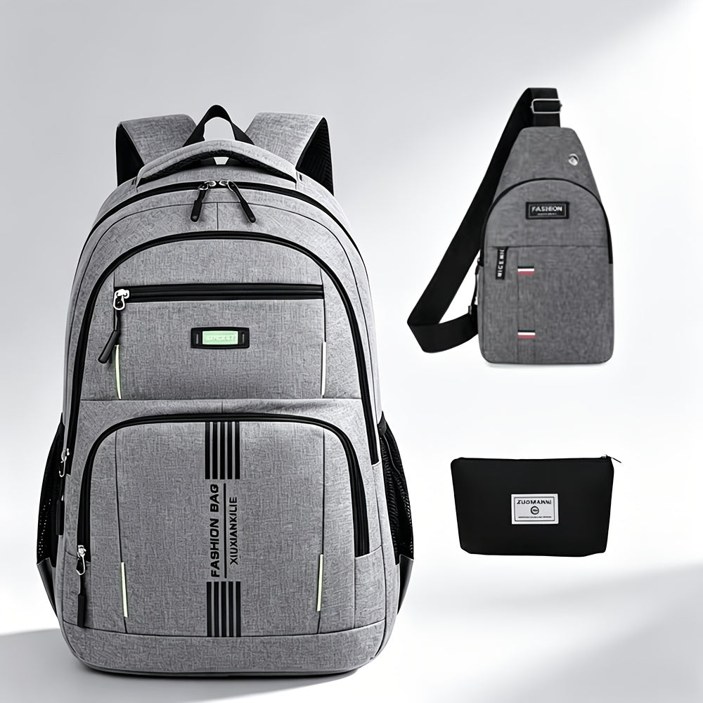 Men's Large Capacity Travel Backpack 3-Piece Set – Durable Nylon, Multi-Compartment Business & Campus Bag with Adjustable Straps, Black Laptop Backpack for Men