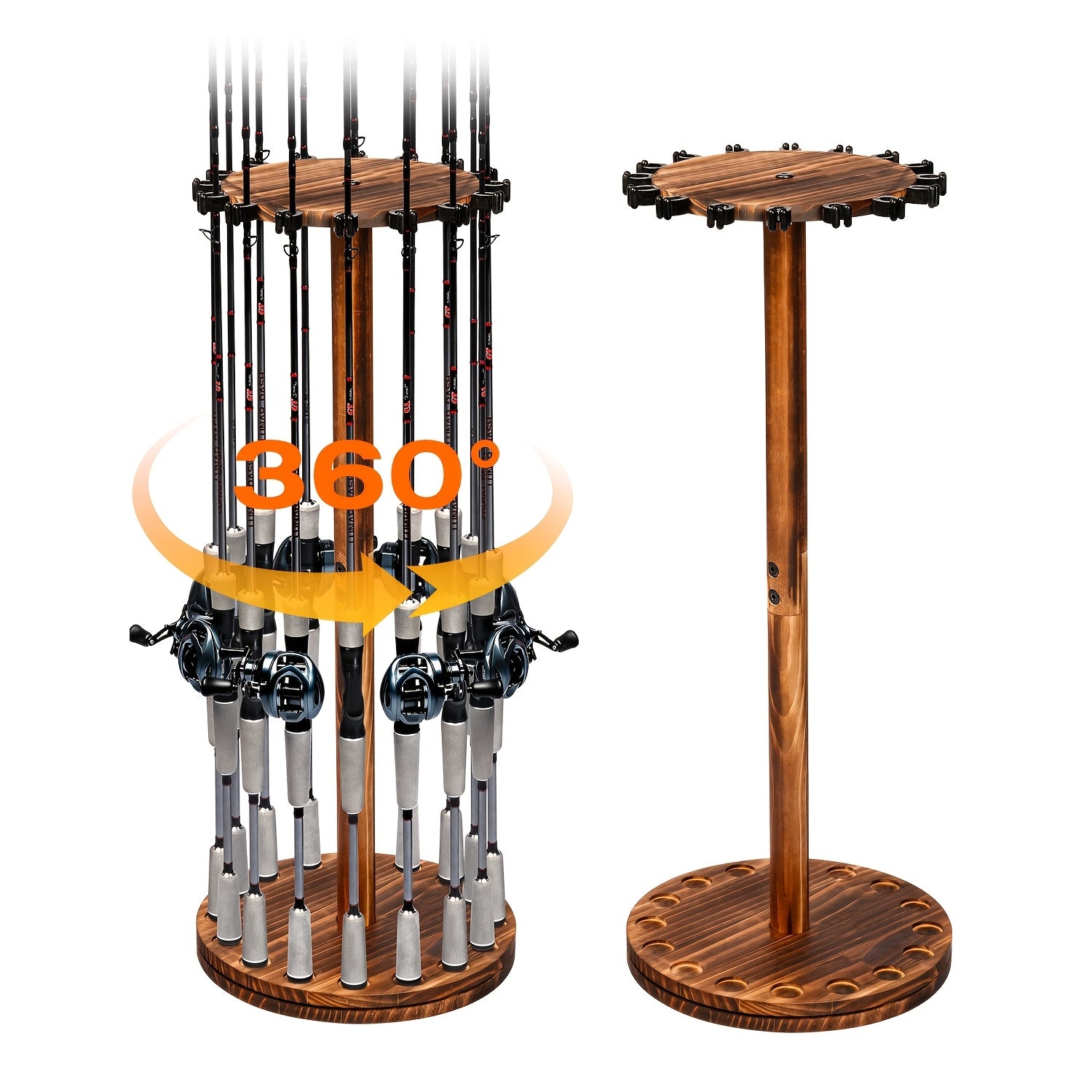 360° Rotating Circular Wooden Fishing Rod Rack - Holds 16 Rods - Space-Saving Wall Mount Fishing Pole Organizer for Garage, Basement & Shed - Great Fishing Gift