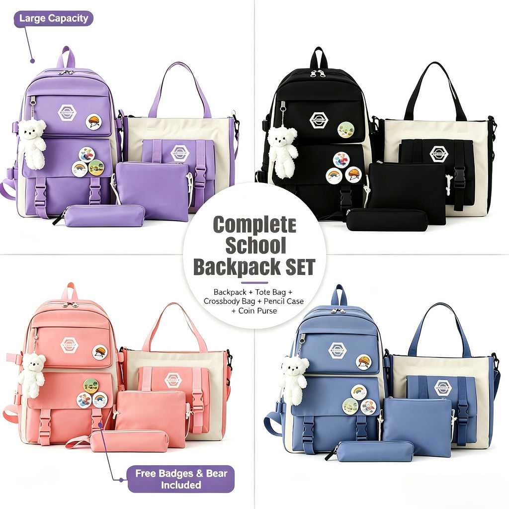 5-Piece School Backpack Set for Girls & Boys – Cute Bookbag with Tote Bag, Pencil Case & Coin Purse, Durable Student Daypack with Zipper Closure & Adjustable Straps for School, Travel & Hiking