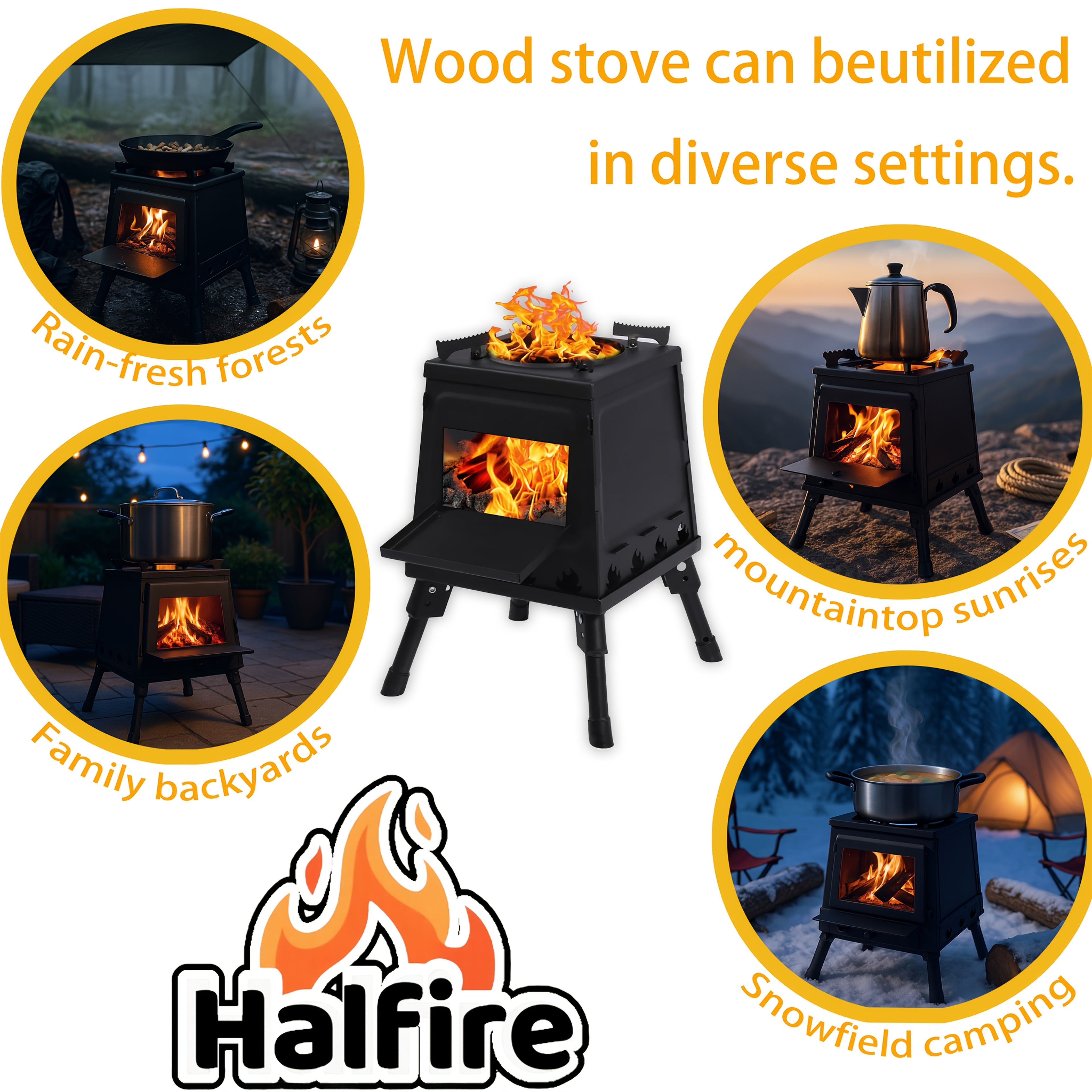 Wood Burning Camp Stove Portable Heavy Duty Outdoor Campfire Stove Sturdy Legs Air Vents Firewood Charcoal for Hiking Backpacking Picnic BBQ Travel